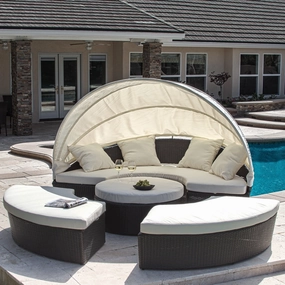Outdoor Brown Wicker Canopy Daybed with an Ice Bucket - NH071832 outdoor furniture, garden bench