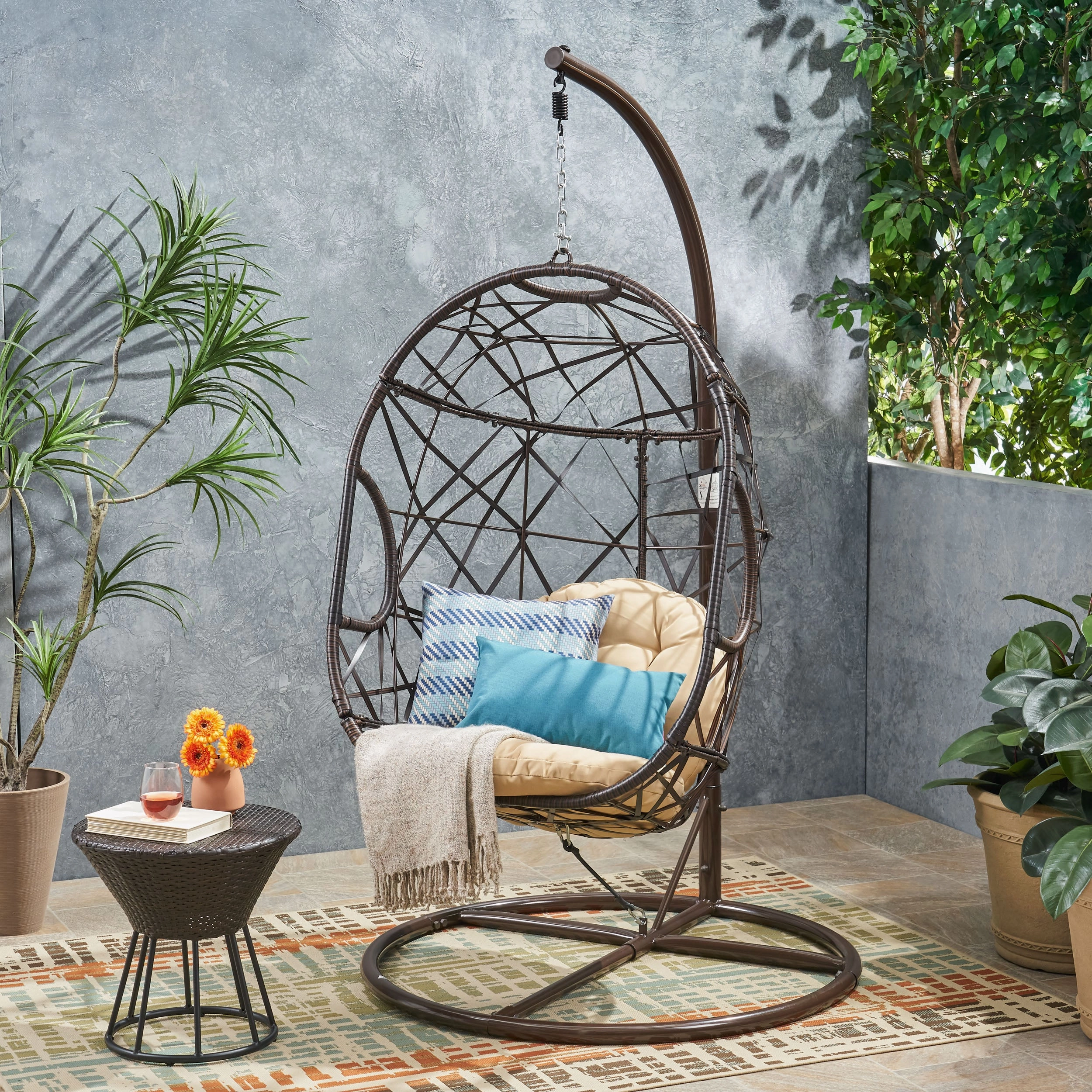 Outdoor Brown Wicker Hanging Teardrop / Egg Chair - NH669432 outdoor furniture, garden bench