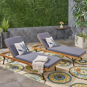 Outdoor Chaise Lounges, Acacia Wood and Eucalyptus, Outdoor Cushions, Teak, Rustic Metal, Dark Gray (Set of 2) - NH802703 outdoor furniture, garden bench