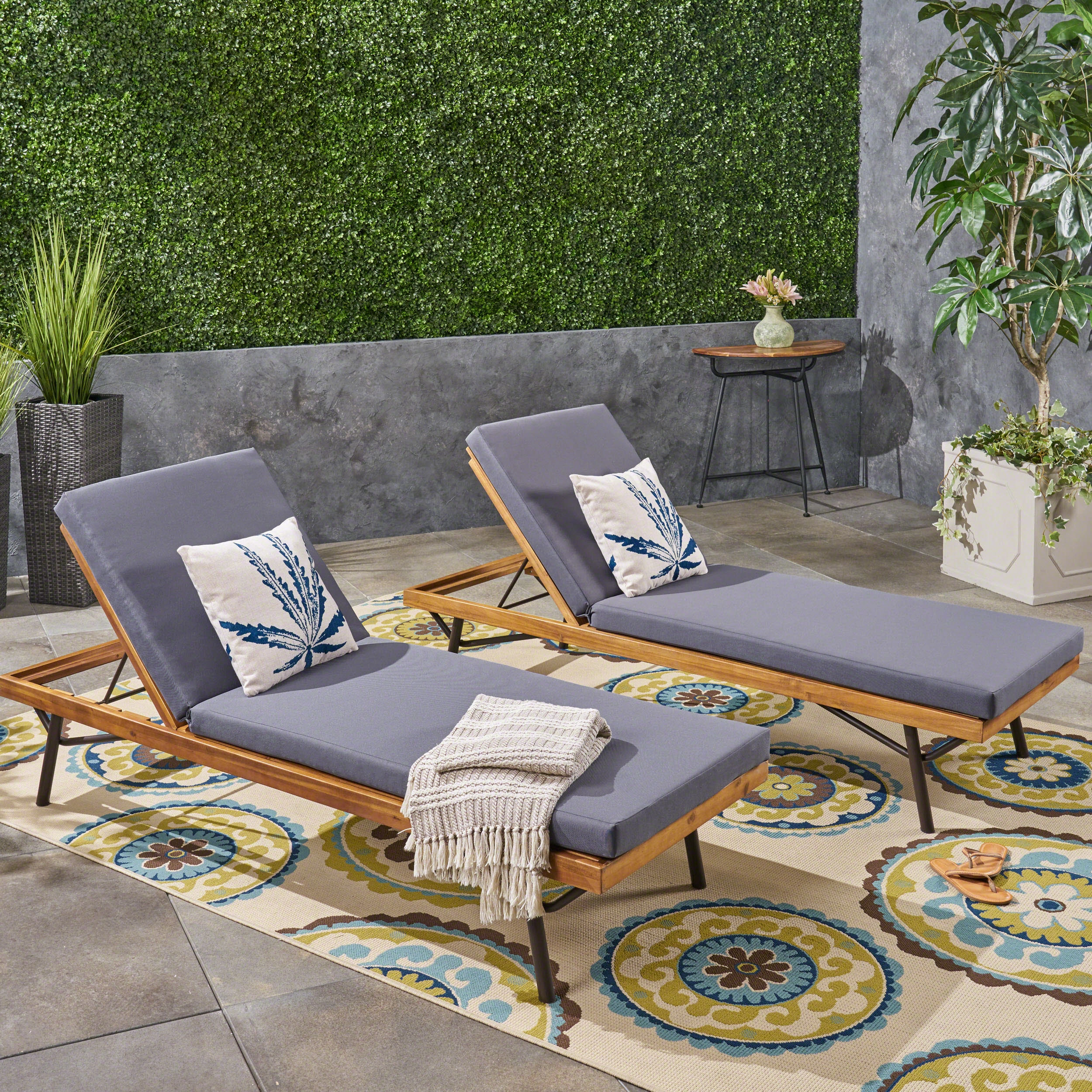 Outdoor Chaise Lounges, Acacia Wood and Eucalyptus, Outdoor Cushions, Teak, Rustic Metal, Dark Gray (Set of 2) - NH802703 outdoor furniture, garden bench