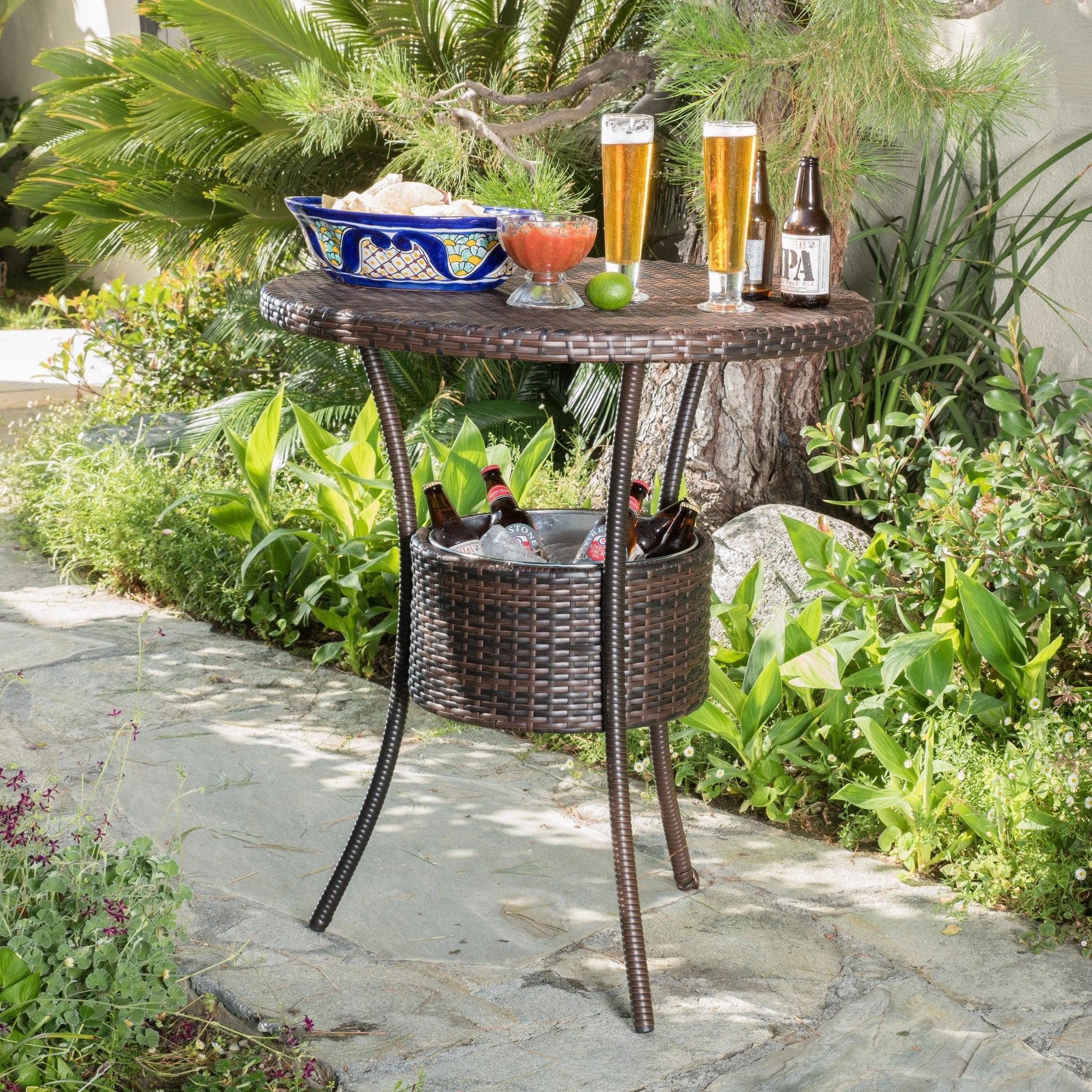Outdoor Circular Multi-Brown Wicker Dining Table with Ice Bucket - NH425692 outdoor lounge chair, patio sofa