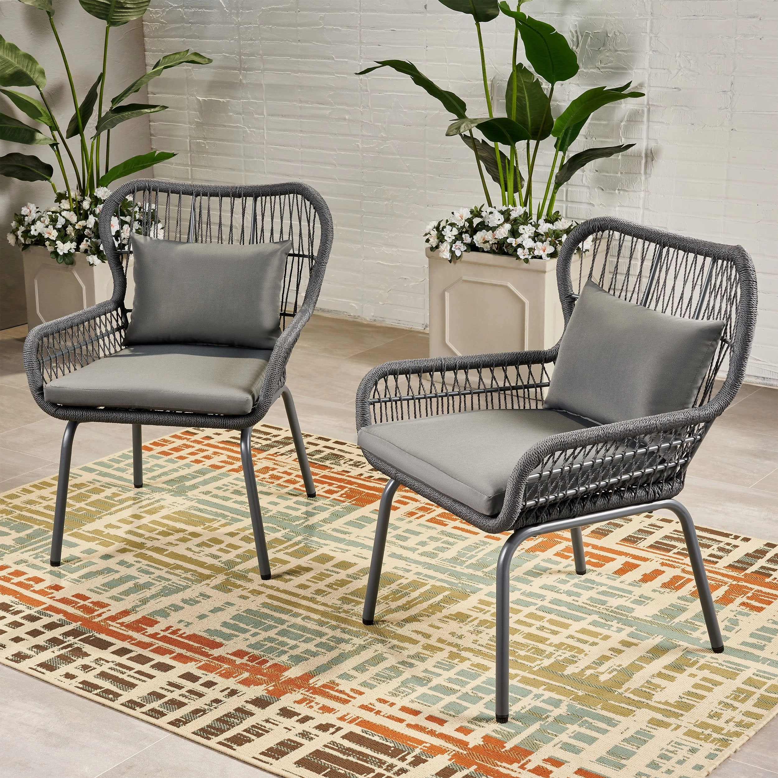 Outdoor Club Chairs, Steel and Rope, Water-Resistant Cushions, Boho - NH705703 outdoor furniture, garden bench