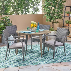 Outdoor Coastal 5 Piece Wicker Dining Set with Round Acacia Wood Table - NH062503 outdoor lounge chair, patio sofa