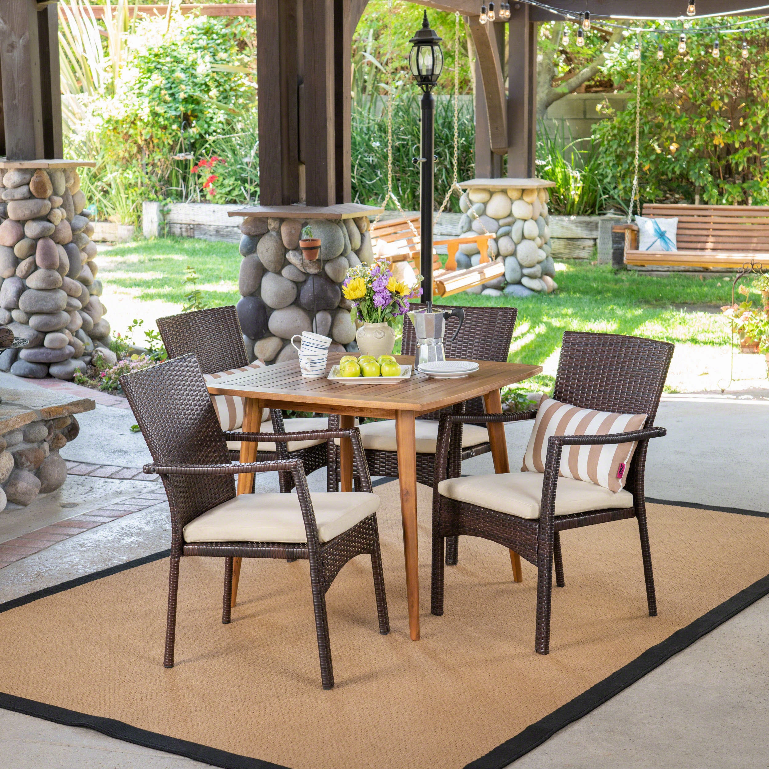 Outdoor Coastal 5 Piece Wicker Dining Set with Slat-Top Acacia Wood Table - NH911503