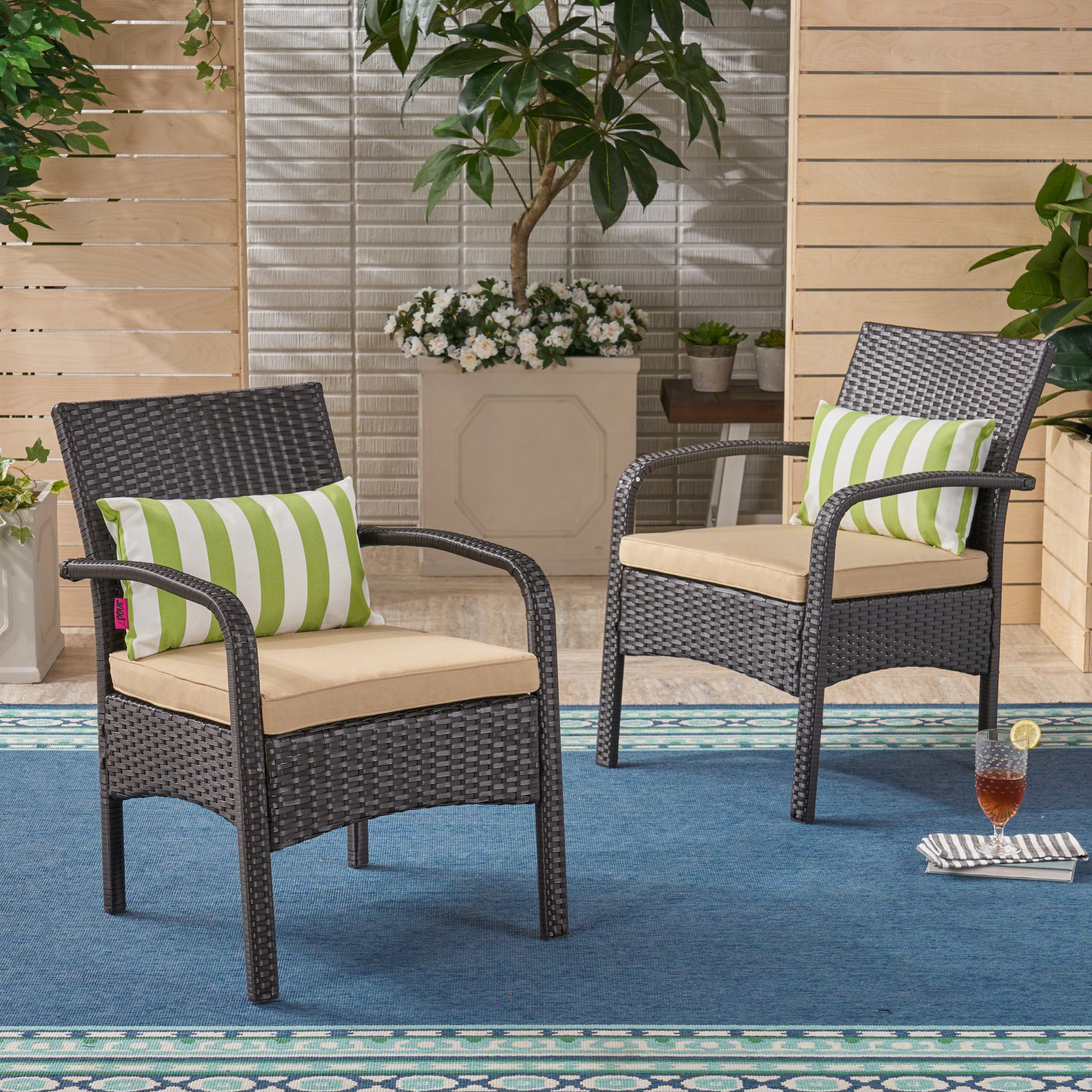 Outdoor Contemporary Wicker Club Chairs with Cushion (Set of 2) - NH908503 outdoor furniture, garden bench