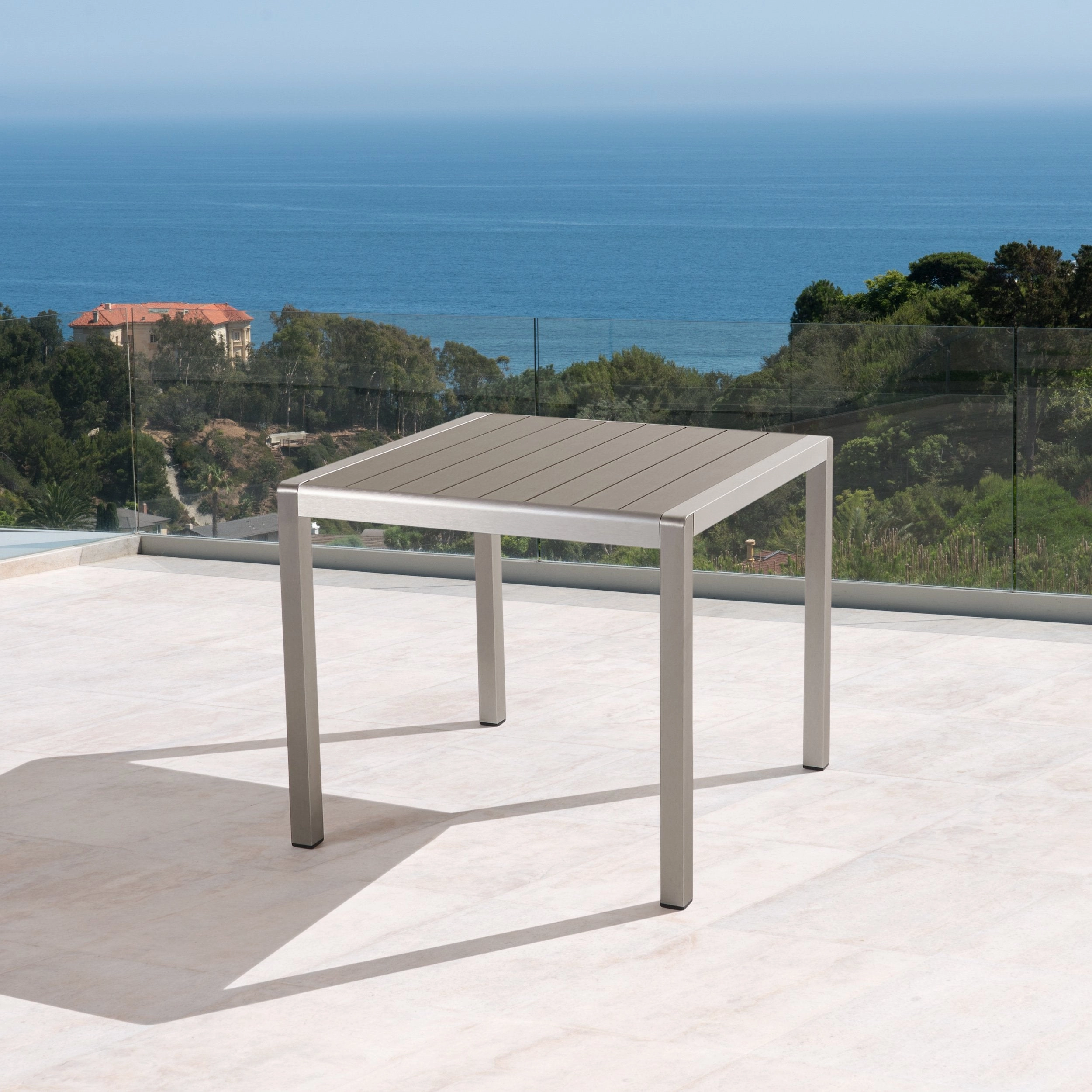 Outdoor Dining Table - Anodized Aluminum - Faux Wood Table Top - Square - Silver and Gray - 35-inch - NH510703 outdoor lounge chair, patio sofa