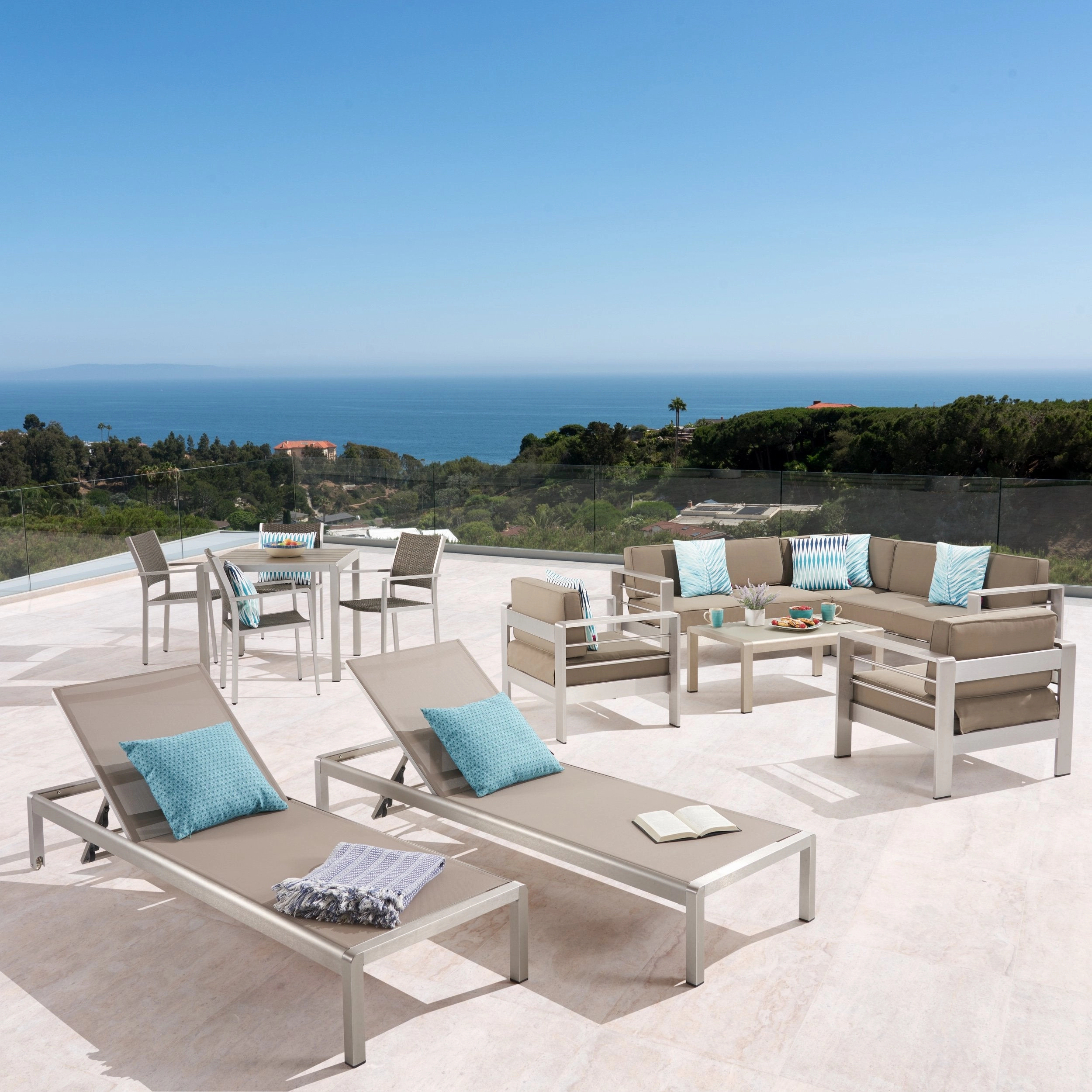 Outdoor Estate Collection - 4-Seat Dining Set, 3-Piece Sectional Sofa Set, 2 Club Chairs, 2 Chaise Lounges, Coffee Table - Aluminum - Faux Wood Table Top - Silver, Gray, Khaki - NH420703 outdoor furniture, garden bench