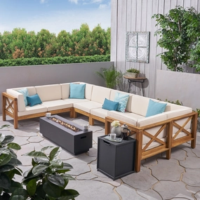 Outdoor Farmhouse Acacia Wood 8 Seater U-Shaped Sectional Sofa Set with Fire Pit - NH557603 outdoor furniture, garden bench