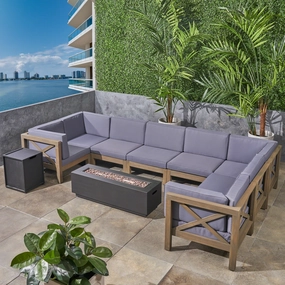 Outdoor Farmhouse Acacia Wood 8 Seater U-Shaped Sectional Sofa Set with Fire Pit - NH757603 outdoor furniture, garden bench