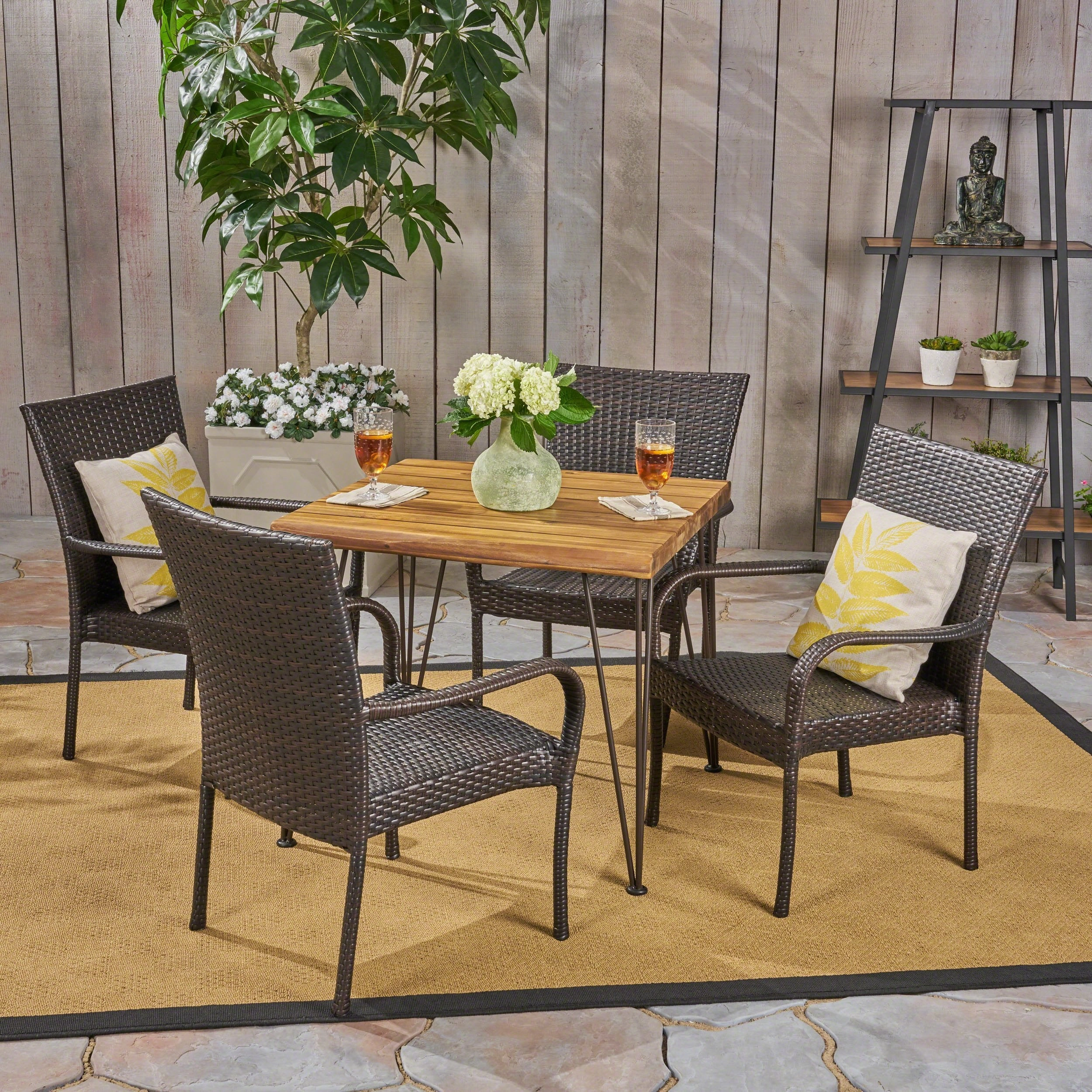 Outdoor Farmhouse Wood and Wicker 5 Piece Square Dining Set - NH364503 outdoor lounge chair, patio sofa