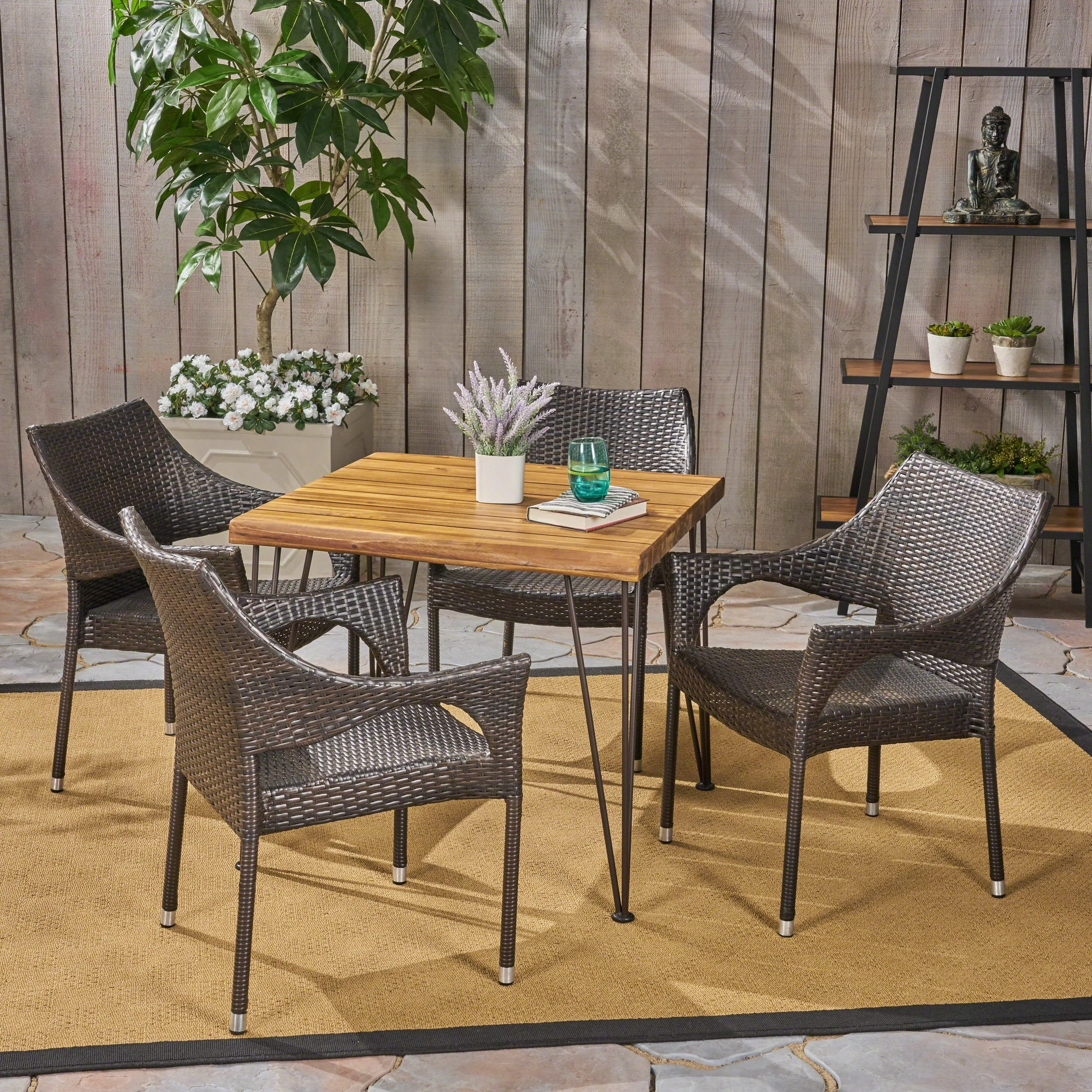 Outdoor Farmhouse Wood and Wicker 5 Piece Square Dining Set, Teak and Multi Brown - NH664503 outdoor lounge chair, patio sofa
