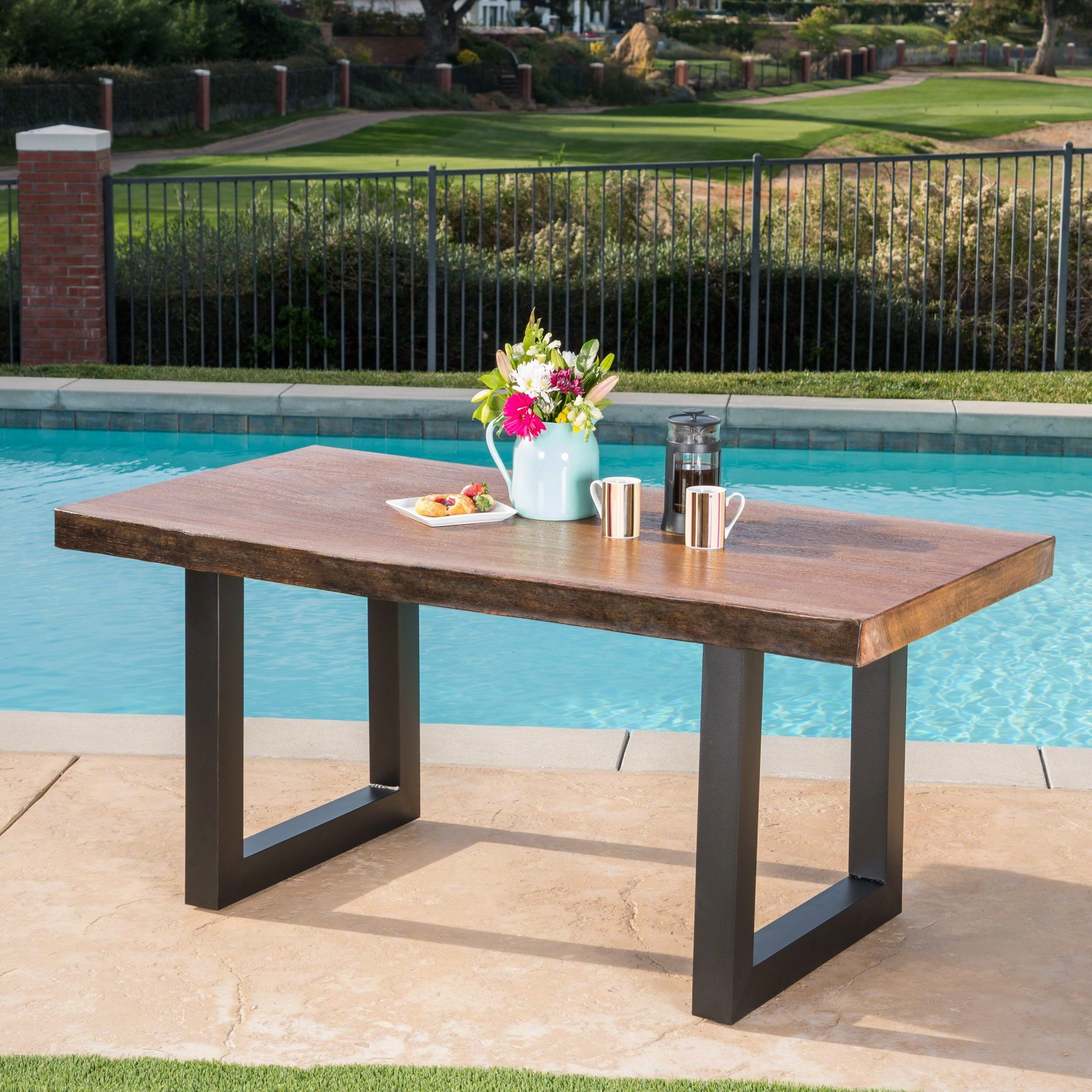 Outdoor Faux Live Edge Teak Finish Lightweight Concrete Dining Table - NH208303 outdoor lounge chair, patio sofa