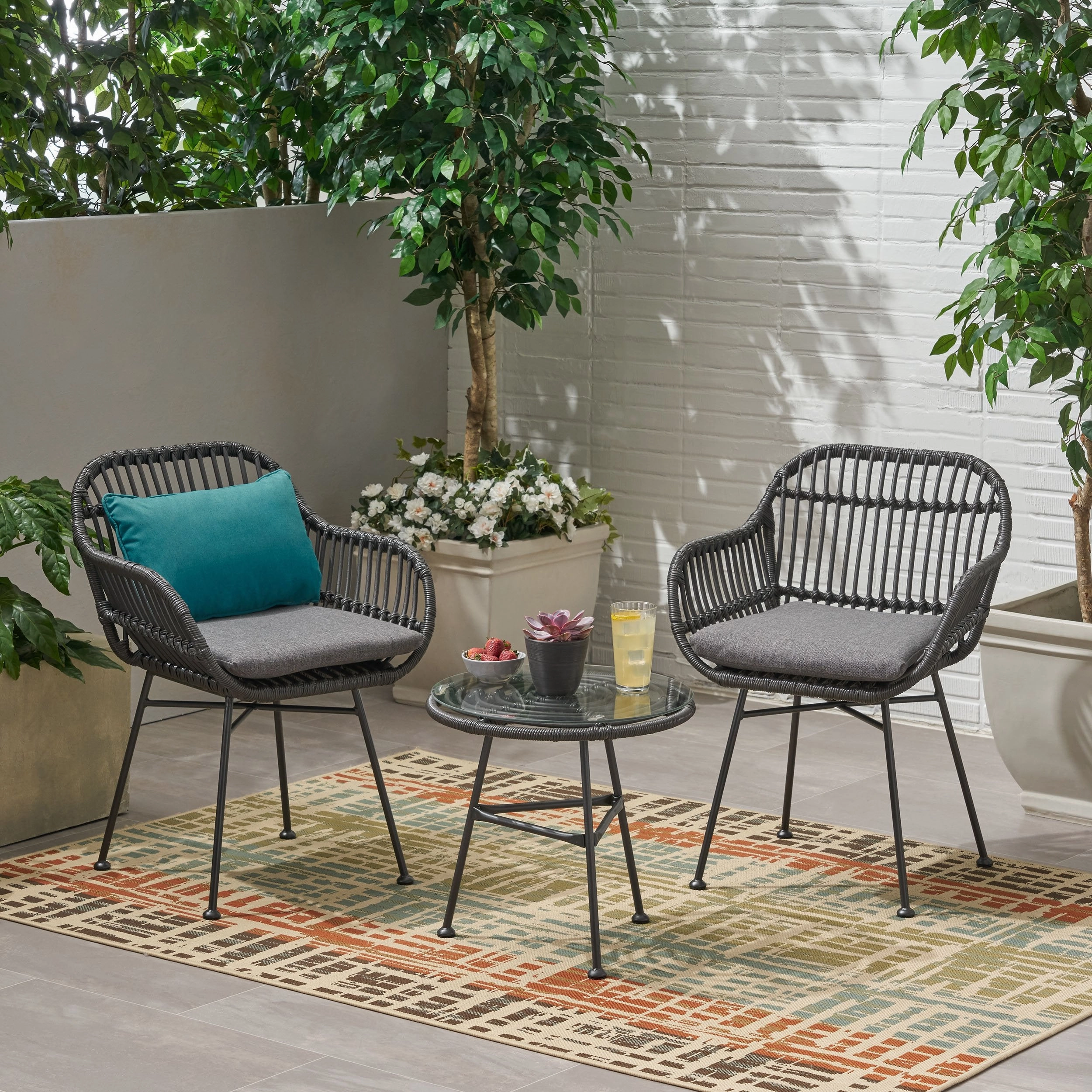 Outdoor Faux Wicker 2 Seater Chat Set with Tempered Glass Table - NH456903 outdoor furniture, garden bench