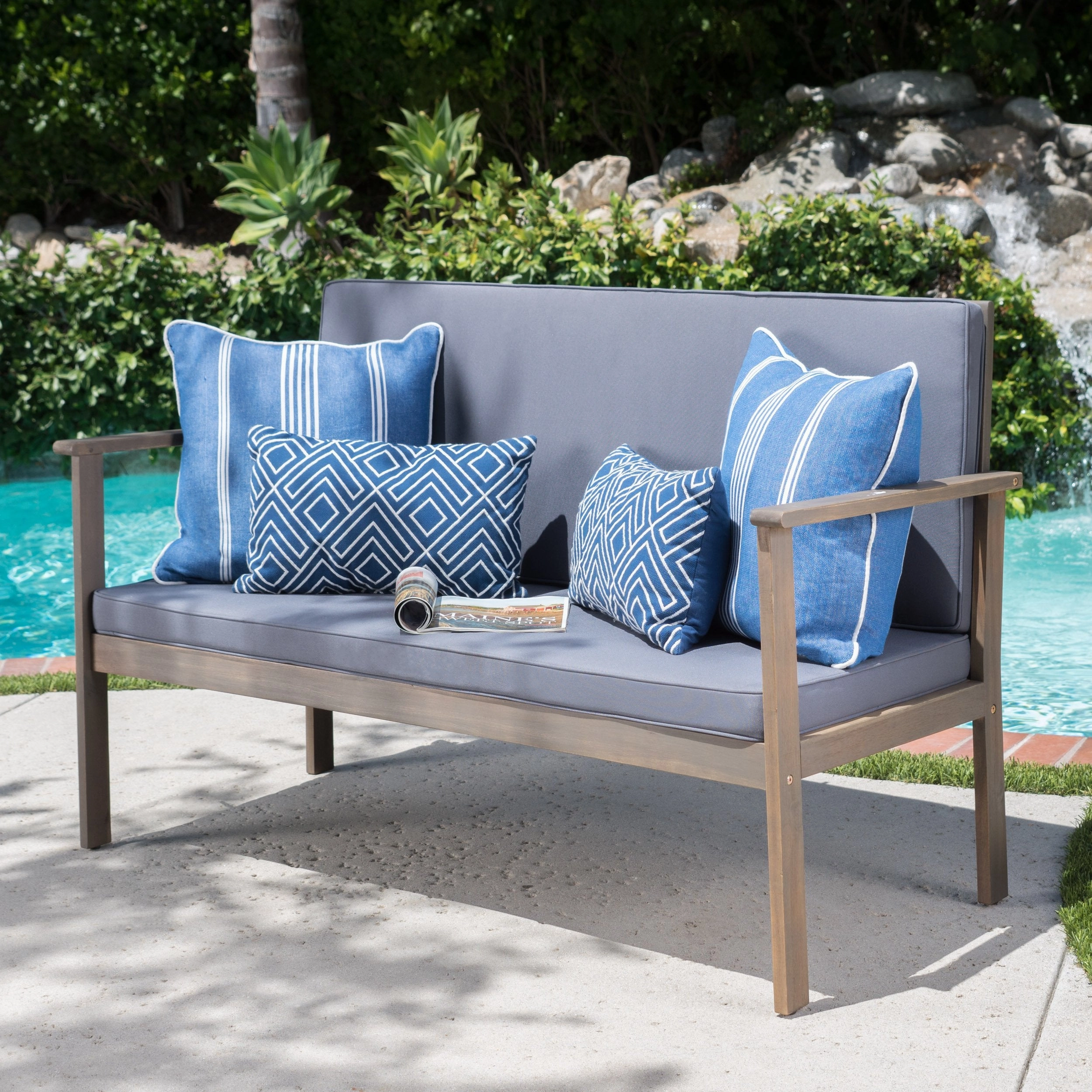 Outdoor Finished Acacia Wood Bench with Water Resistant Fabric Cushion - NH871103 outdoor furniture, garden bench