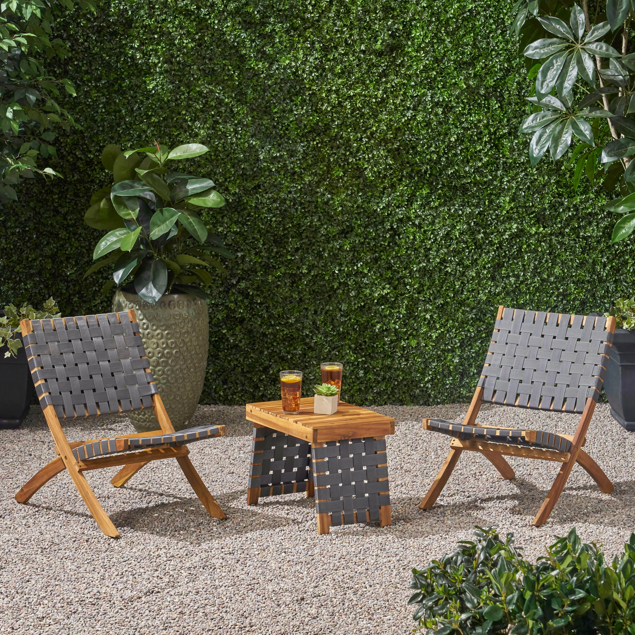 Outdoor Foldable 2 Seater Acacia Wood Chat Set with Strapping Belt Accents, Brown and Gray - NH683903 outdoor furniture, garden bench