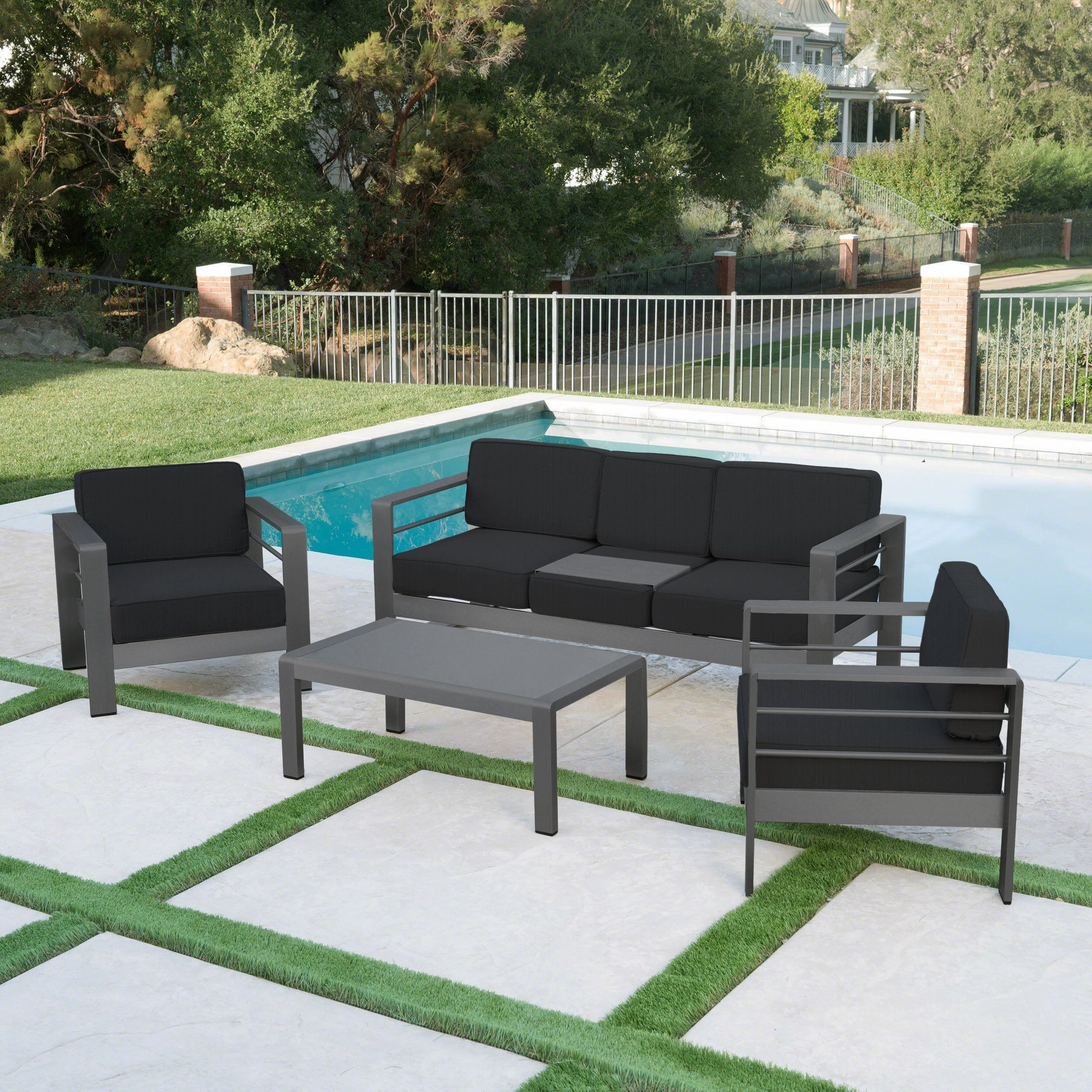 Outdoor Gray Aluminum 4 Piece Sofa Chat Set with Cushions - NH187103 outdoor furniture, garden bench