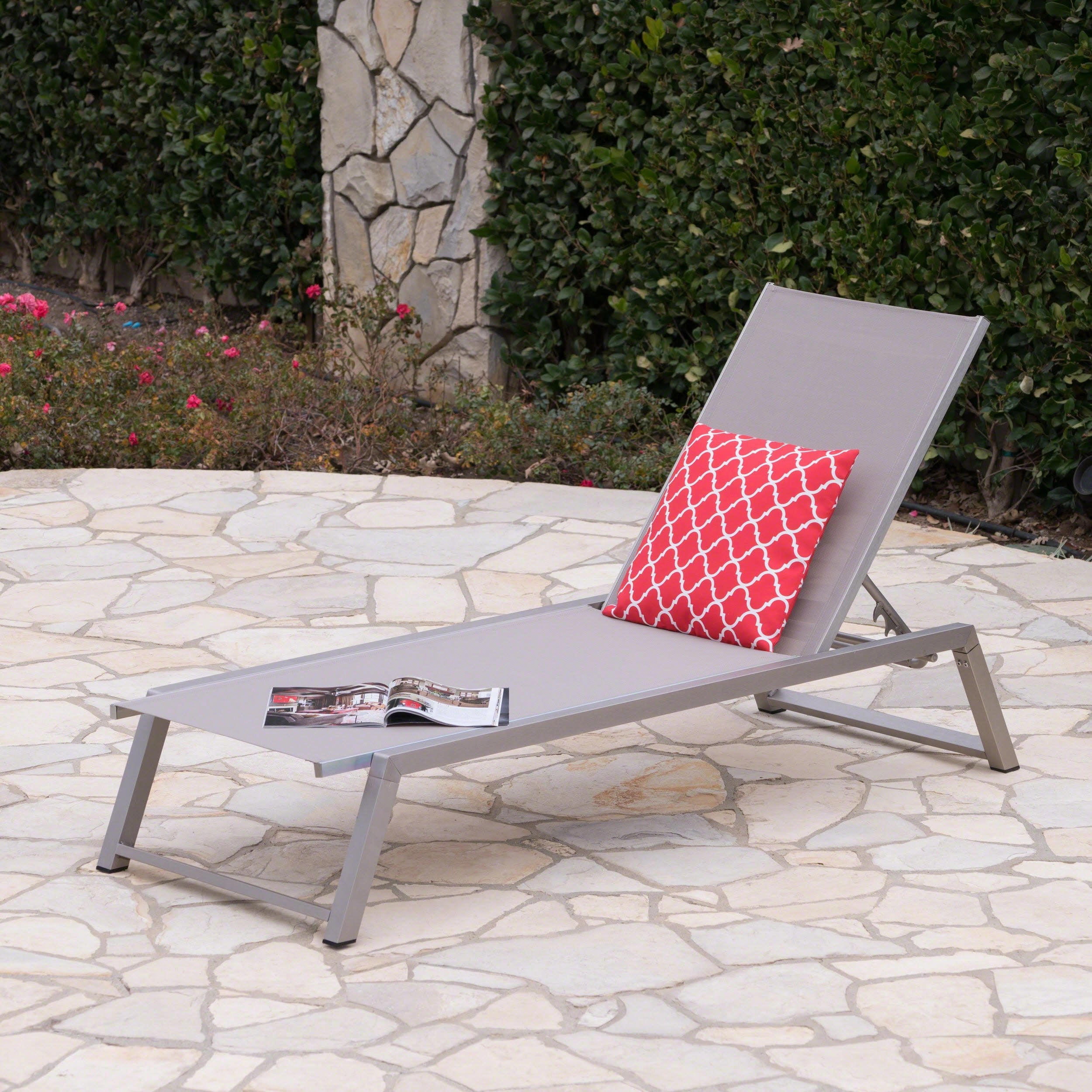 Outdoor Gray Mesh Chaise Lounge with Grey Finished Aluminum Frame - NH255303 outdoor furniture, garden bench
