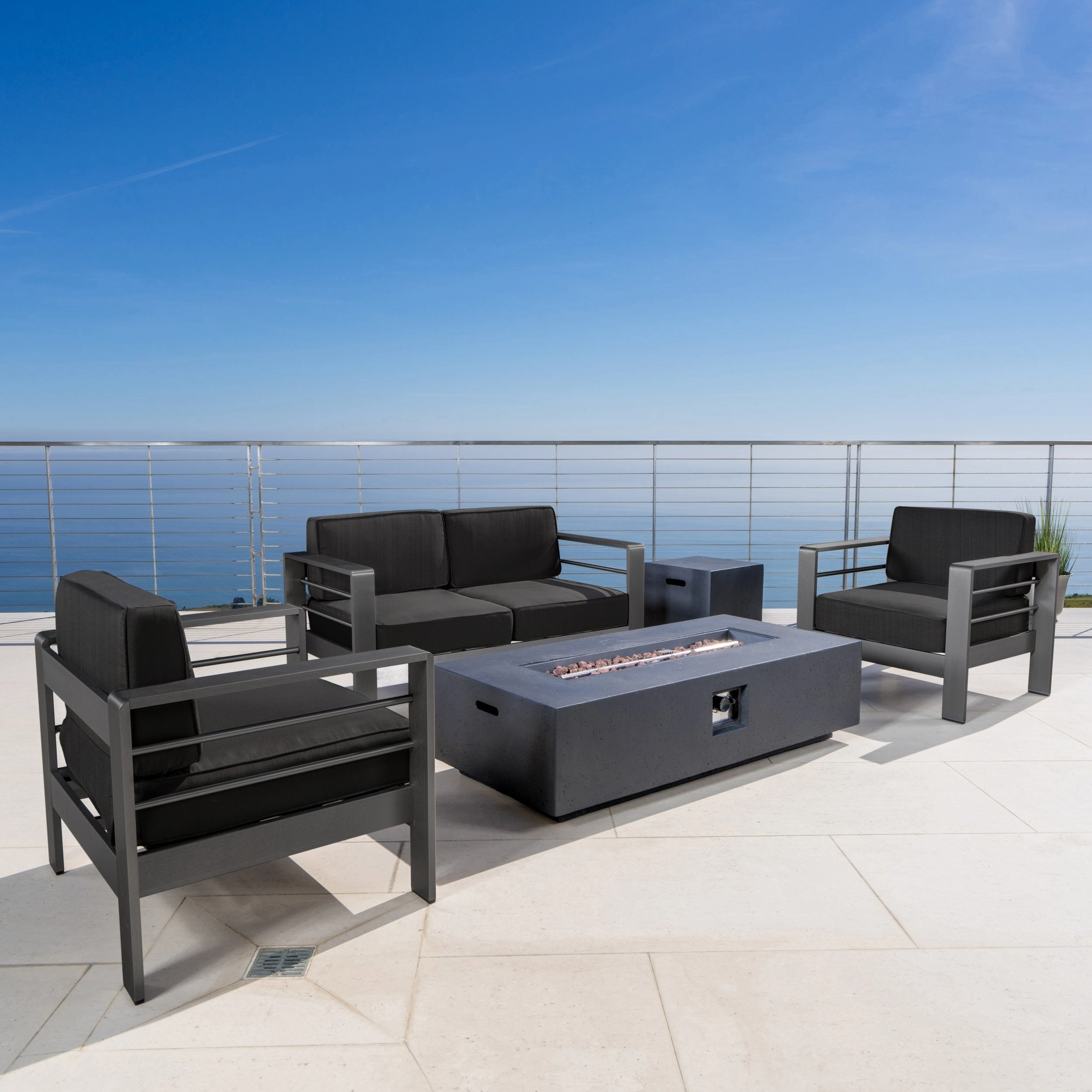 Outdoor Grey Aluminum 5 Piece Loveseat Chat Set with Fire Table - NH787103 outdoor furniture, garden bench