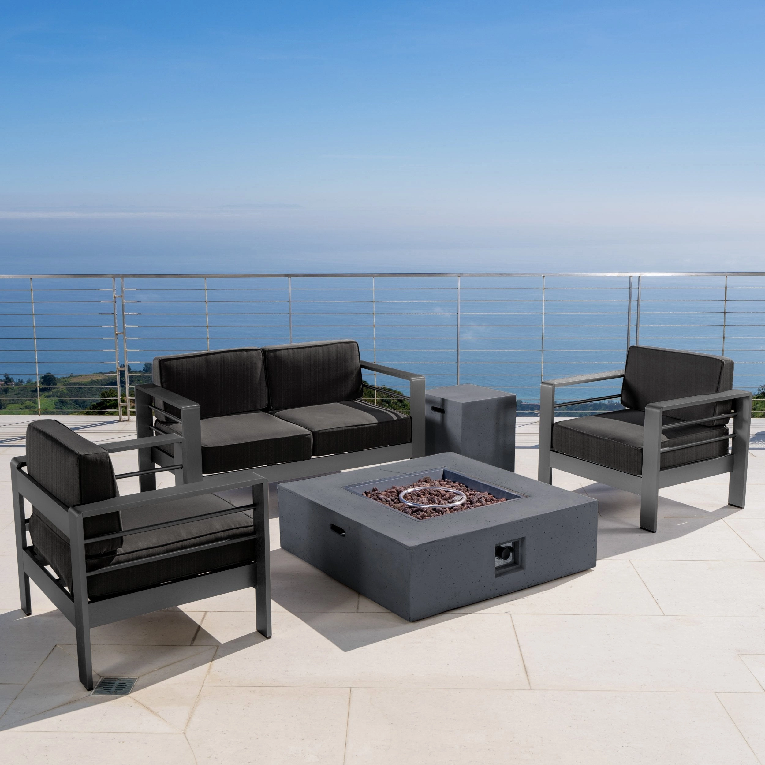 Outdoor Grey Aluminum 5 Piece Loveseat Chat Set with Fire Table - NH987103 outdoor furniture, garden bench