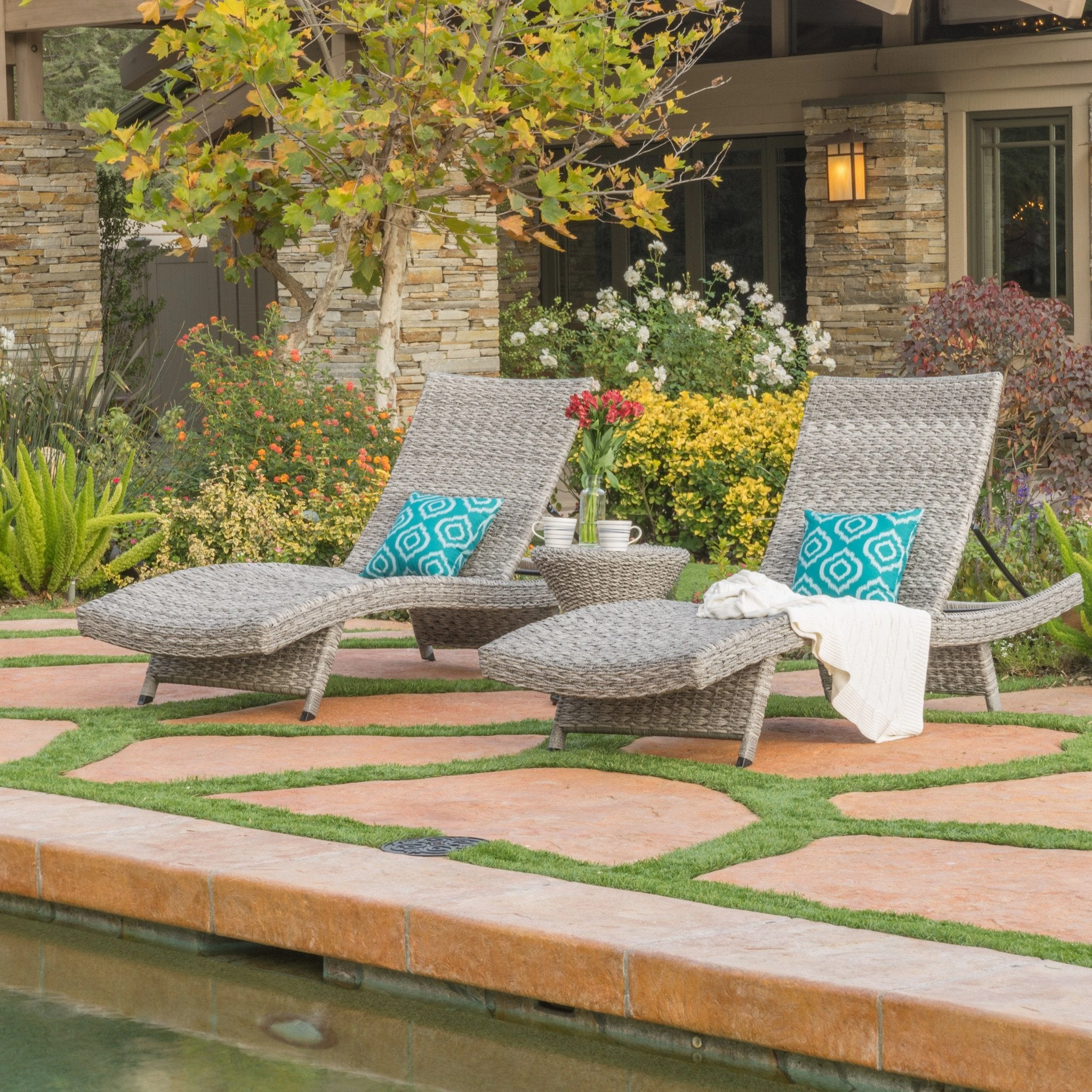 Outdoor Grey Wicker Chaise Lounge (Set of 2) with Grey Wicker Table - NH338992 outdoor furniture, garden bench