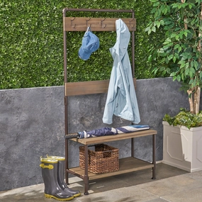 Outdoor Industrial Acacia and Iron Bench with Shelf and Coat Hooks - NH174503 outdoor furniture, garden bench