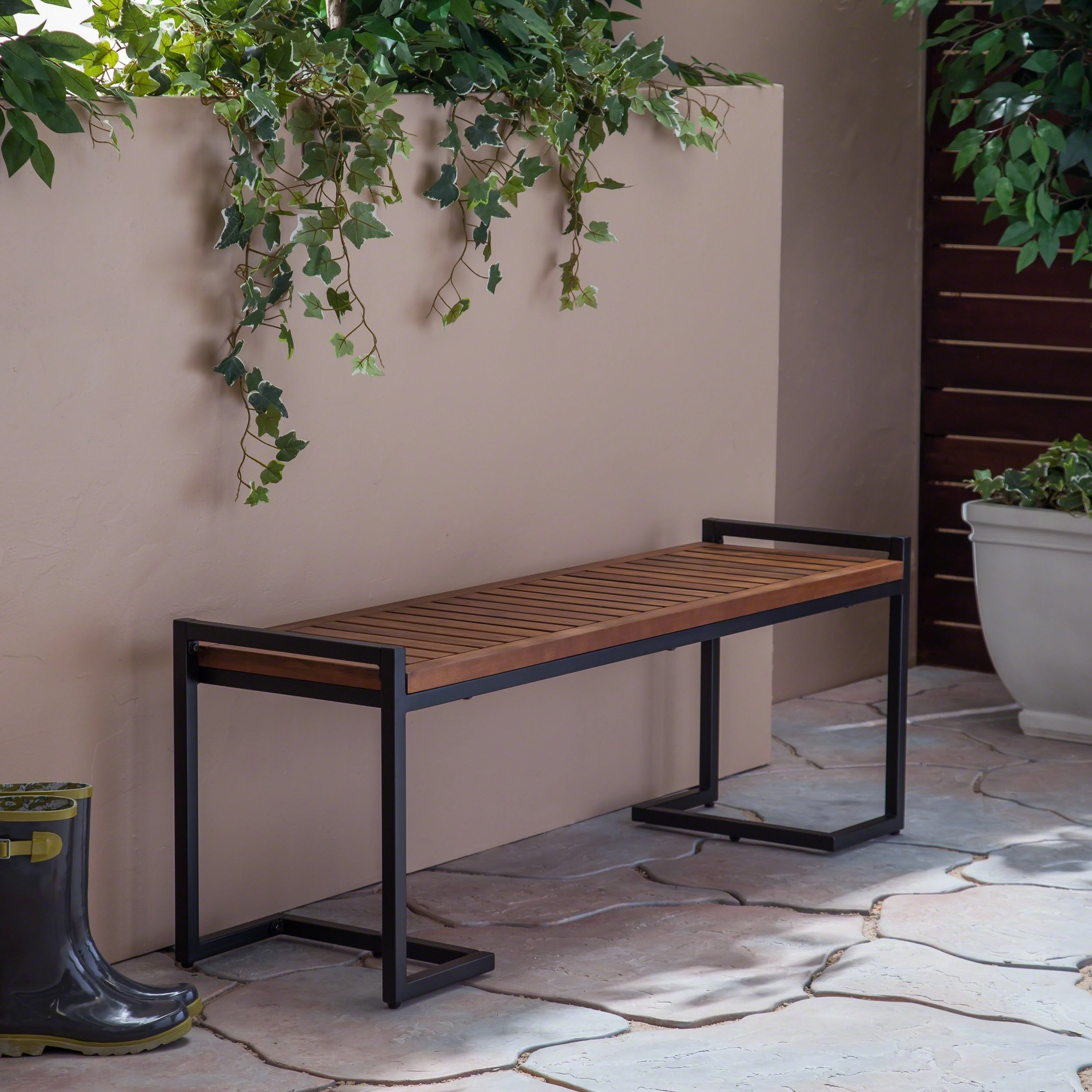 Outdoor Industrial Acacia Wood and Iron Bench - NH724603