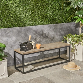 Outdoor Industrial Acacia Wood and Iron Bench - NH924603 outdoor furniture, garden bench