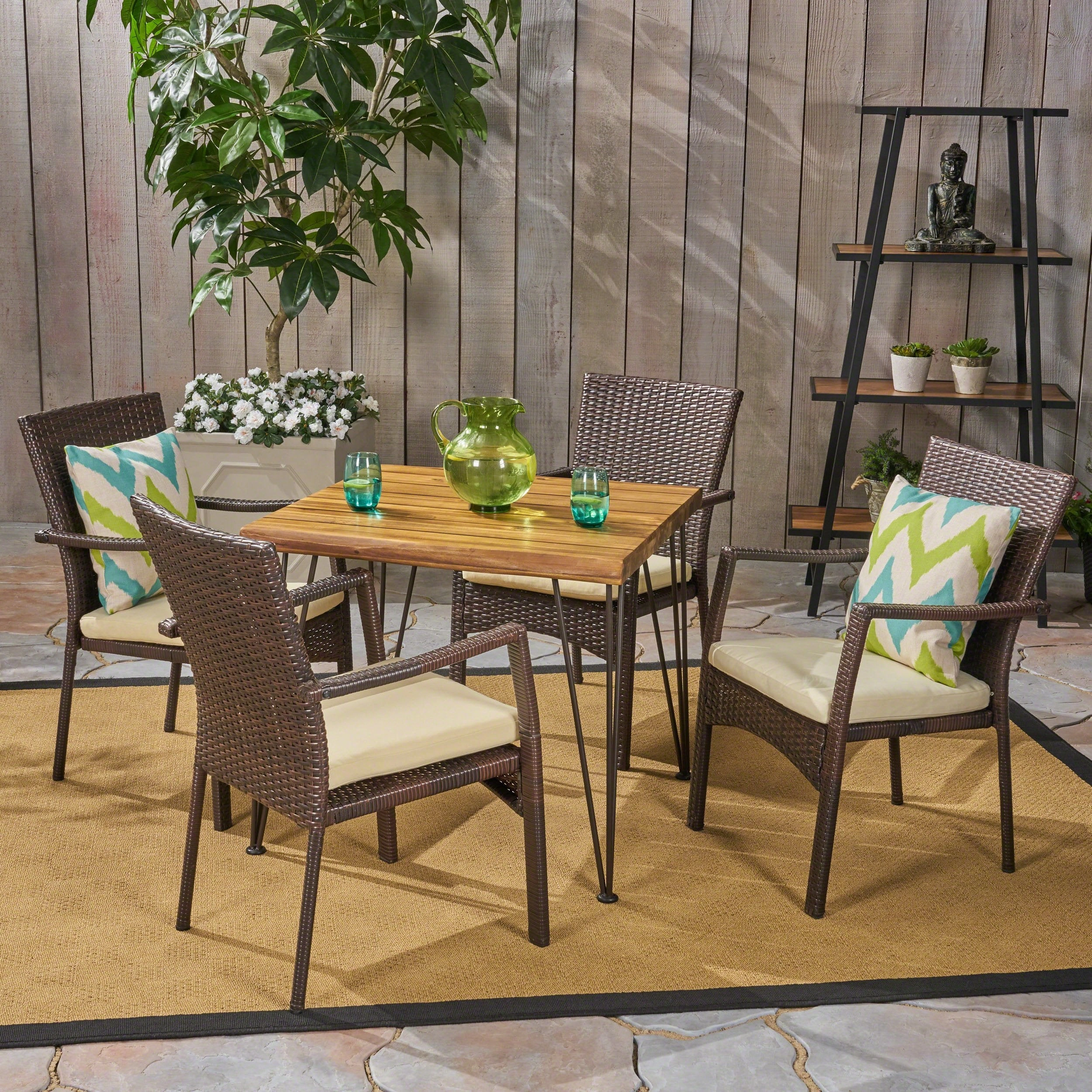 Outdoor Industrial Wood and Wicker 5 Piece Square Dining Set, Teak and Brown and Crme - NH564503 outdoor lounge chair, patio sofa