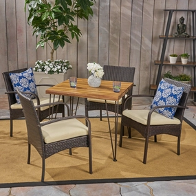 Outdoor Industrial Wood and Wicker 5 Piece Square Dining Set, Teak and Multi Brown and Crme - NH764503 outdoor lounge chair, patio sofa