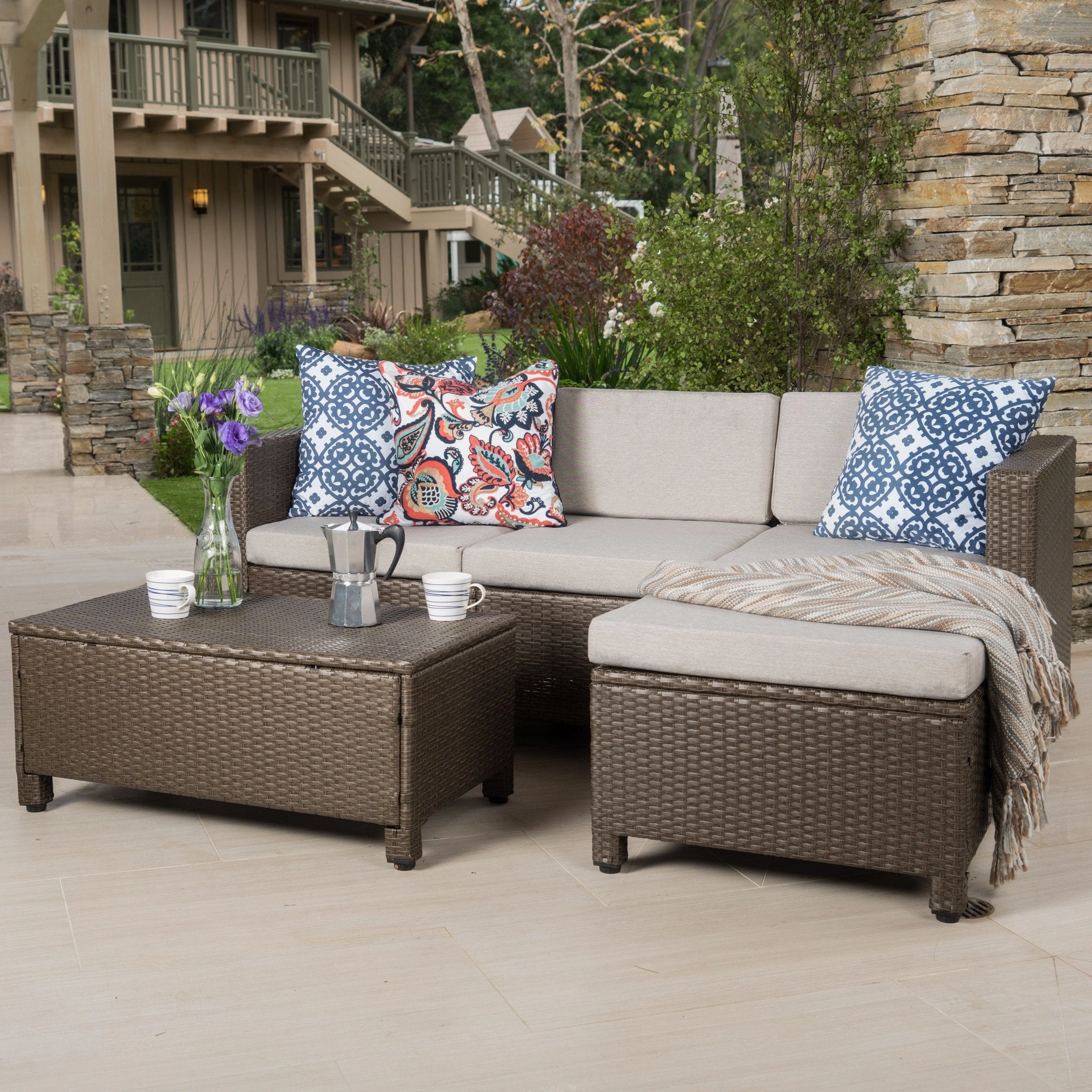 Outdoor L-shape Brown Wicker Sofa w/ Cushions - NH109992 outdoor furniture, garden bench