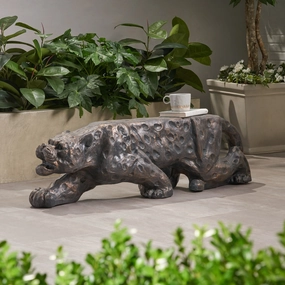 Outdoor Leopard Shaped Concrete Bench, Antique Copper Finish - NH142903 outdoor furniture, garden bench
