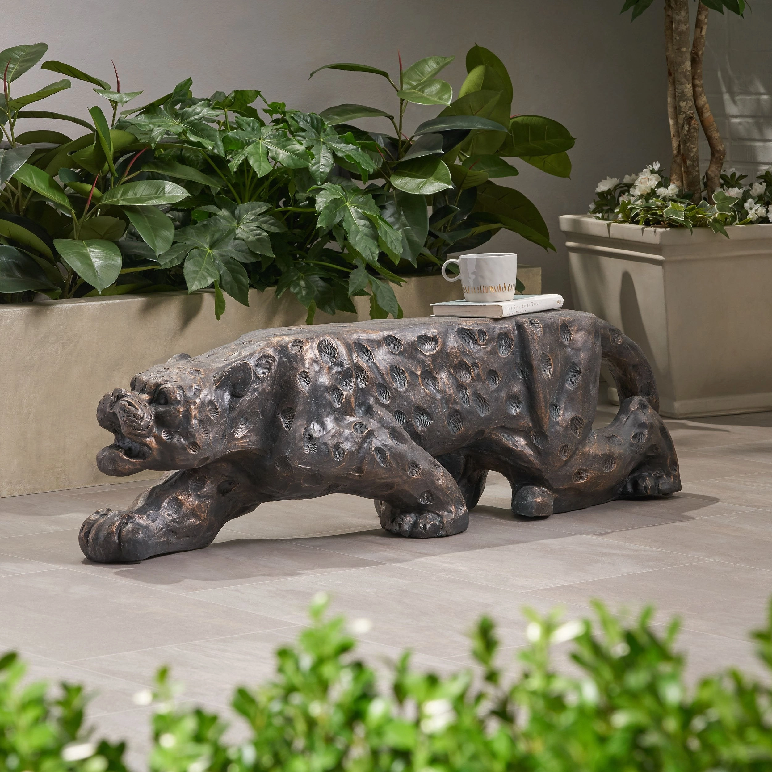 Outdoor Leopard Shaped Concrete Bench, Antique Copper Finish - NH142903 outdoor furniture, garden bench