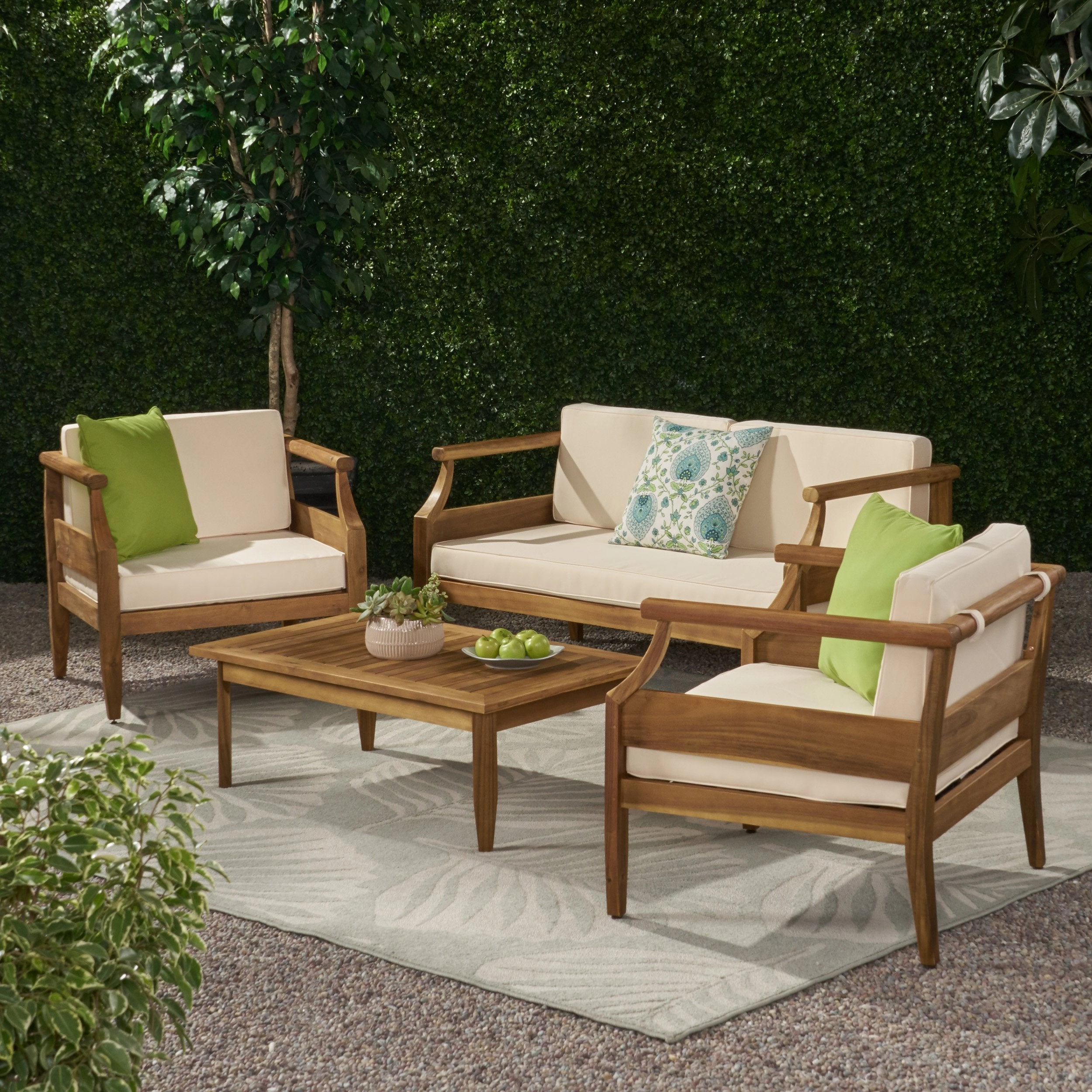 Outdoor Mid-Century Modern Acacia Wood 4 Seater Chat Set with Cushions - NH161213 outdoor furniture, garden bench