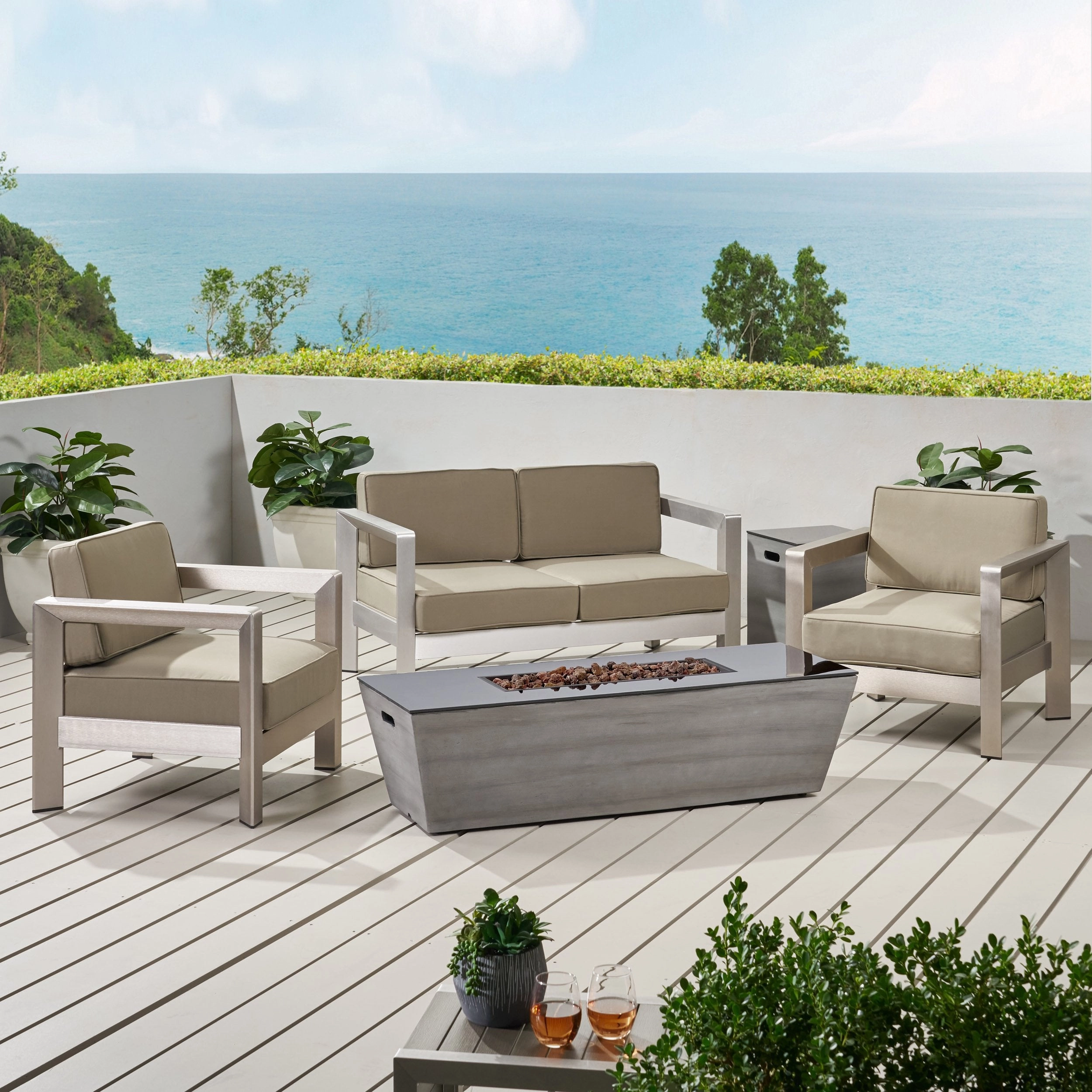 Outdoor Modern 4 Seater Aluminum Chat Set with Fire Pit and Tank Holder - NH264113 outdoor furniture, garden bench