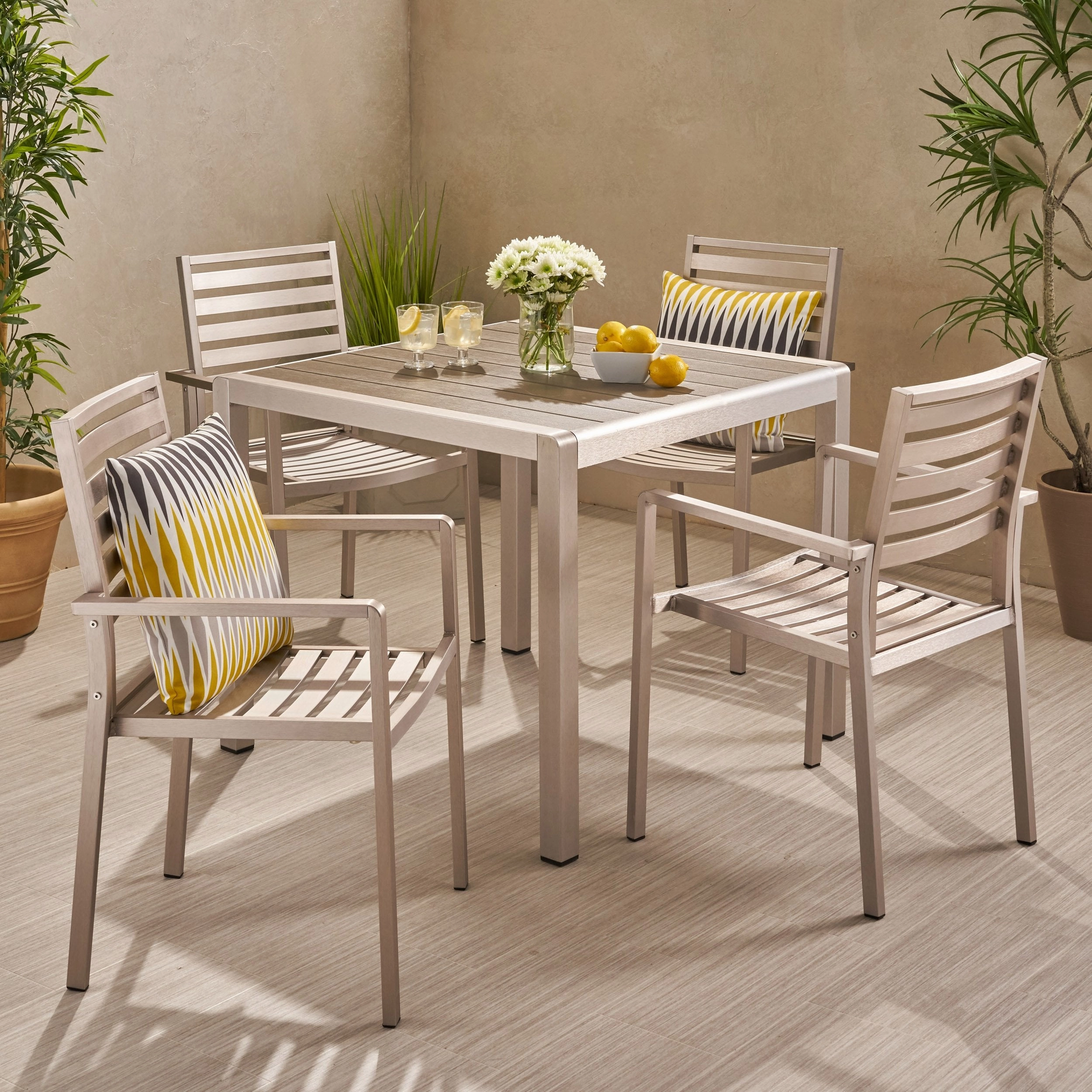 Outdoor Modern 4 Seater Aluminum Dining Set with Faux Wood Table Top - NH568013 outdoor lounge chair, patio sofa
