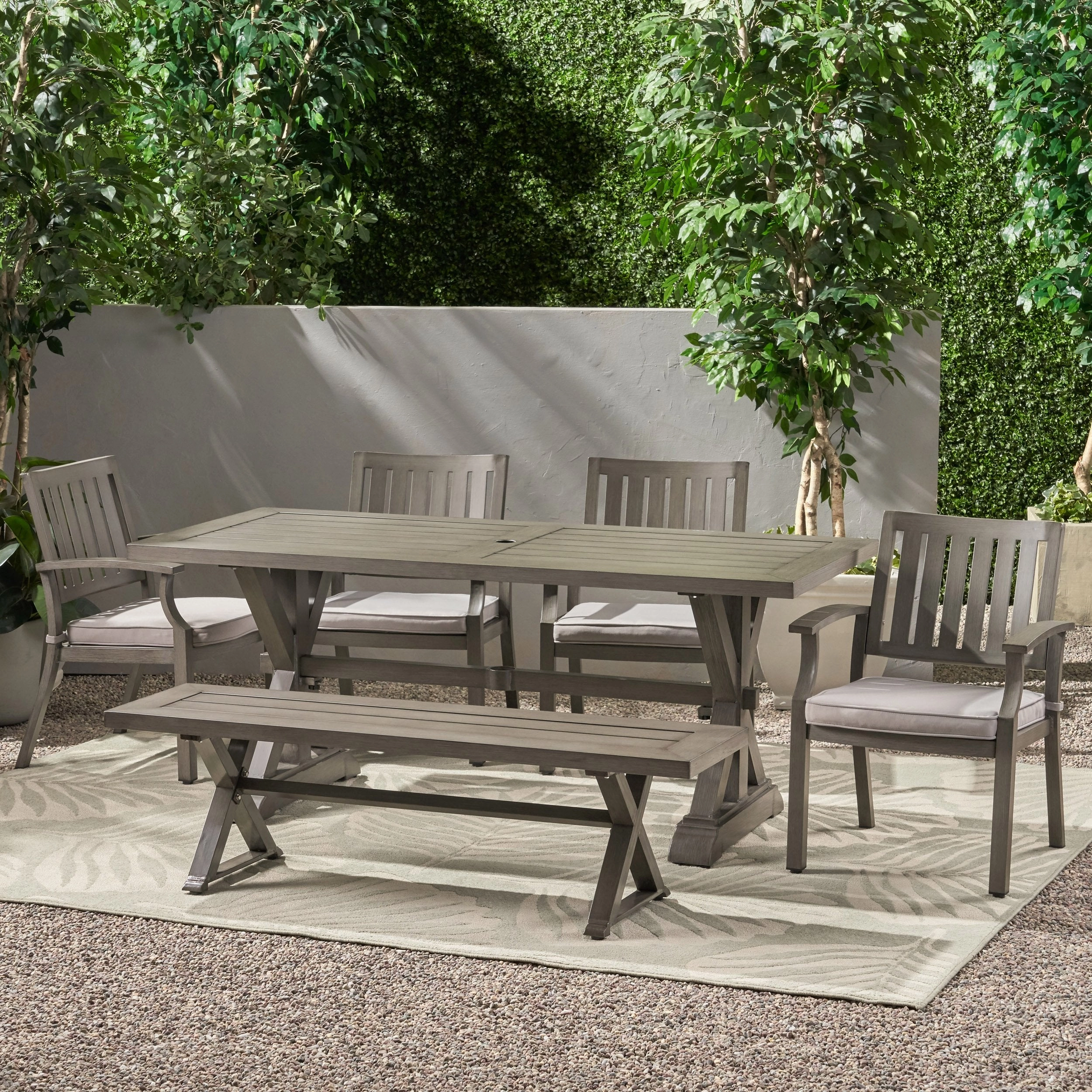 Outdoor Modern 6 Seater Aluminum Dining Set with Dining Bench - NH382013 outdoor lounge chair, patio sofa