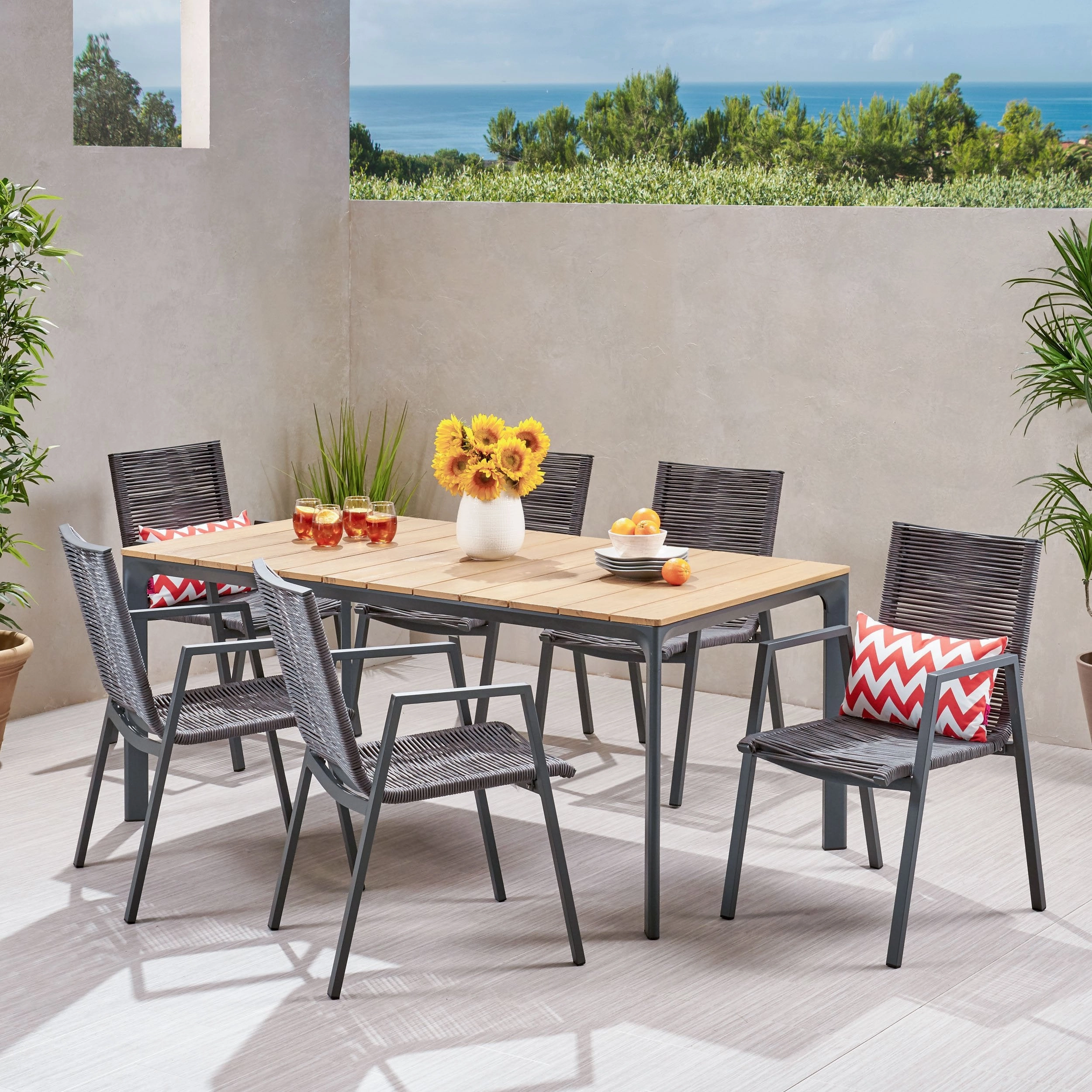 Outdoor Modern 6 Seater Aluminum Dining Set with Eucalyptus Table Top - NH058013 outdoor lounge chair, patio sofa
