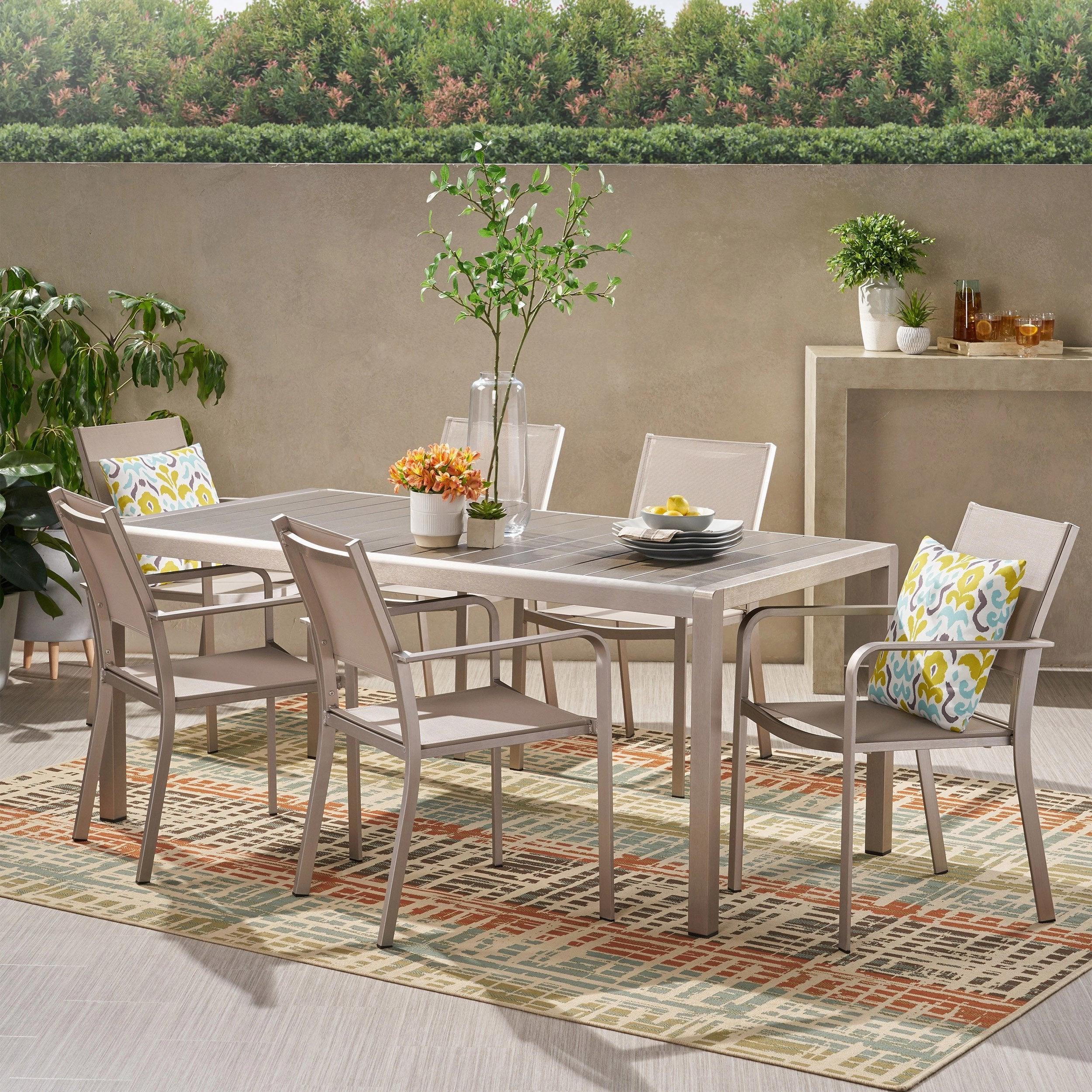 Outdoor Modern 6 Seater Aluminum Dining Set with Faux Wood Table Top - NH238013 outdoor lounge chair, patio sofa