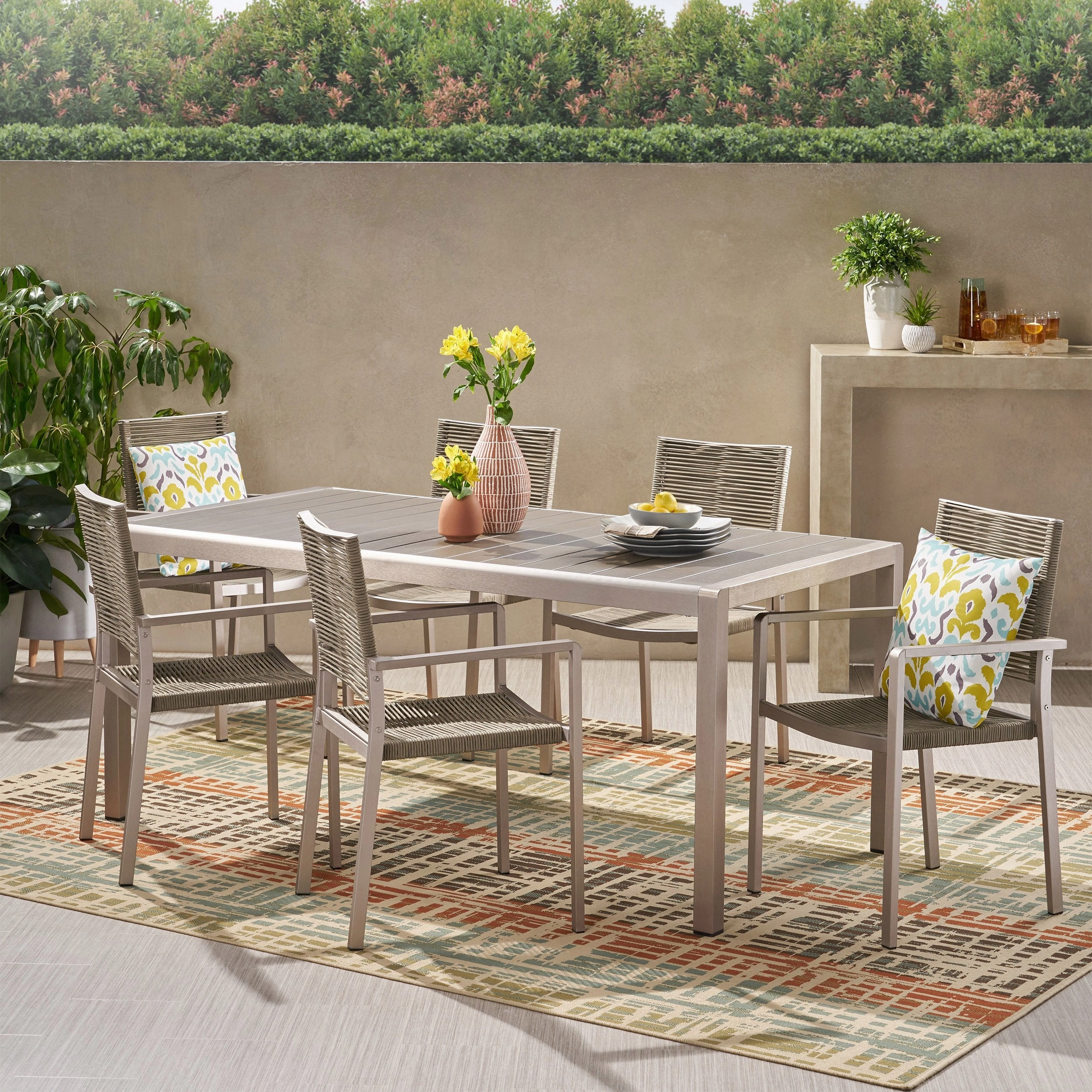 Outdoor Modern 6 Seater Aluminum Dining Set with Faux Wood Table Top - NH448013 outdoor lounge chair, patio sofa
