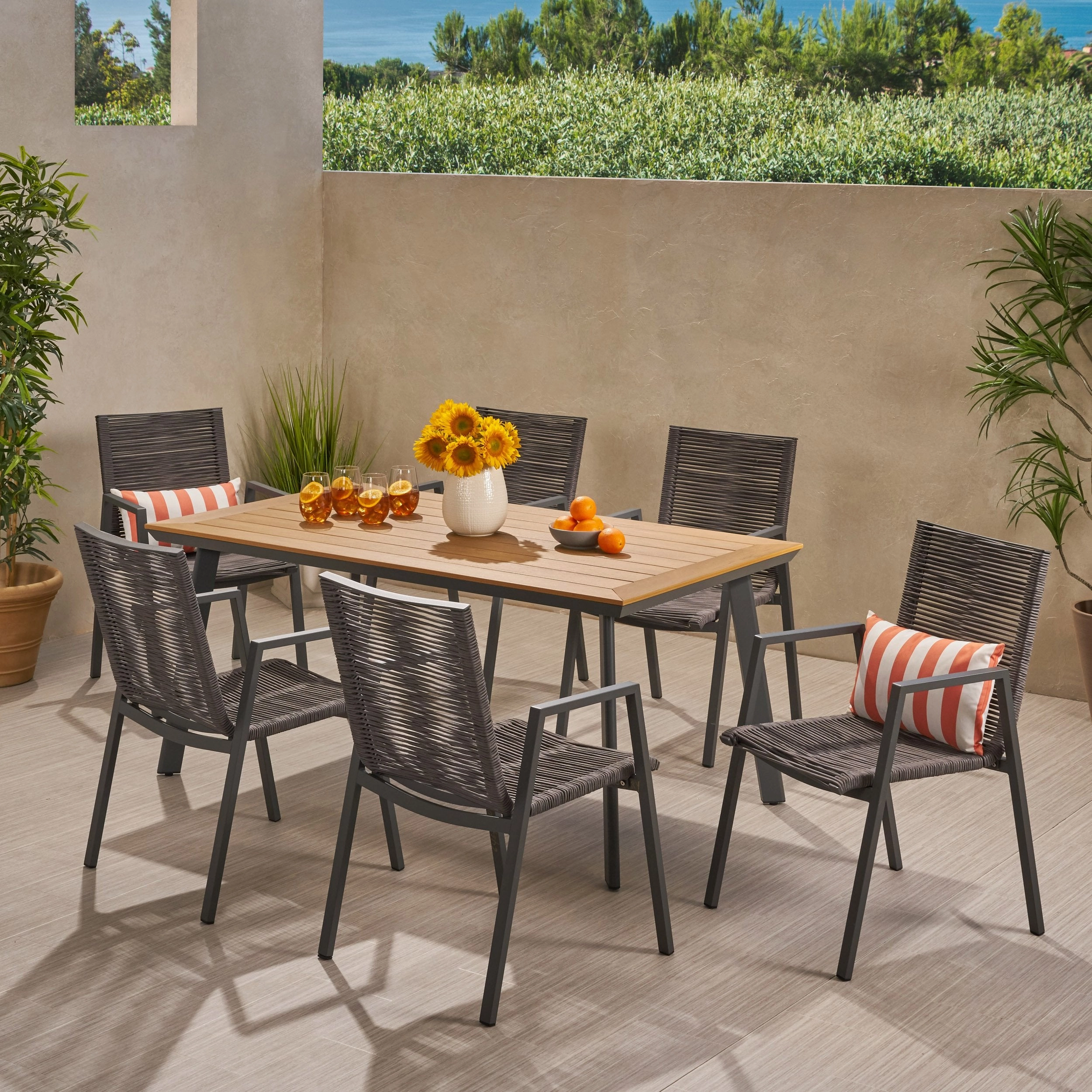 Outdoor Modern 6 Seater Aluminum Dining Set with Faux Wood Table Top - NH458013 outdoor lounge chair, patio sofa