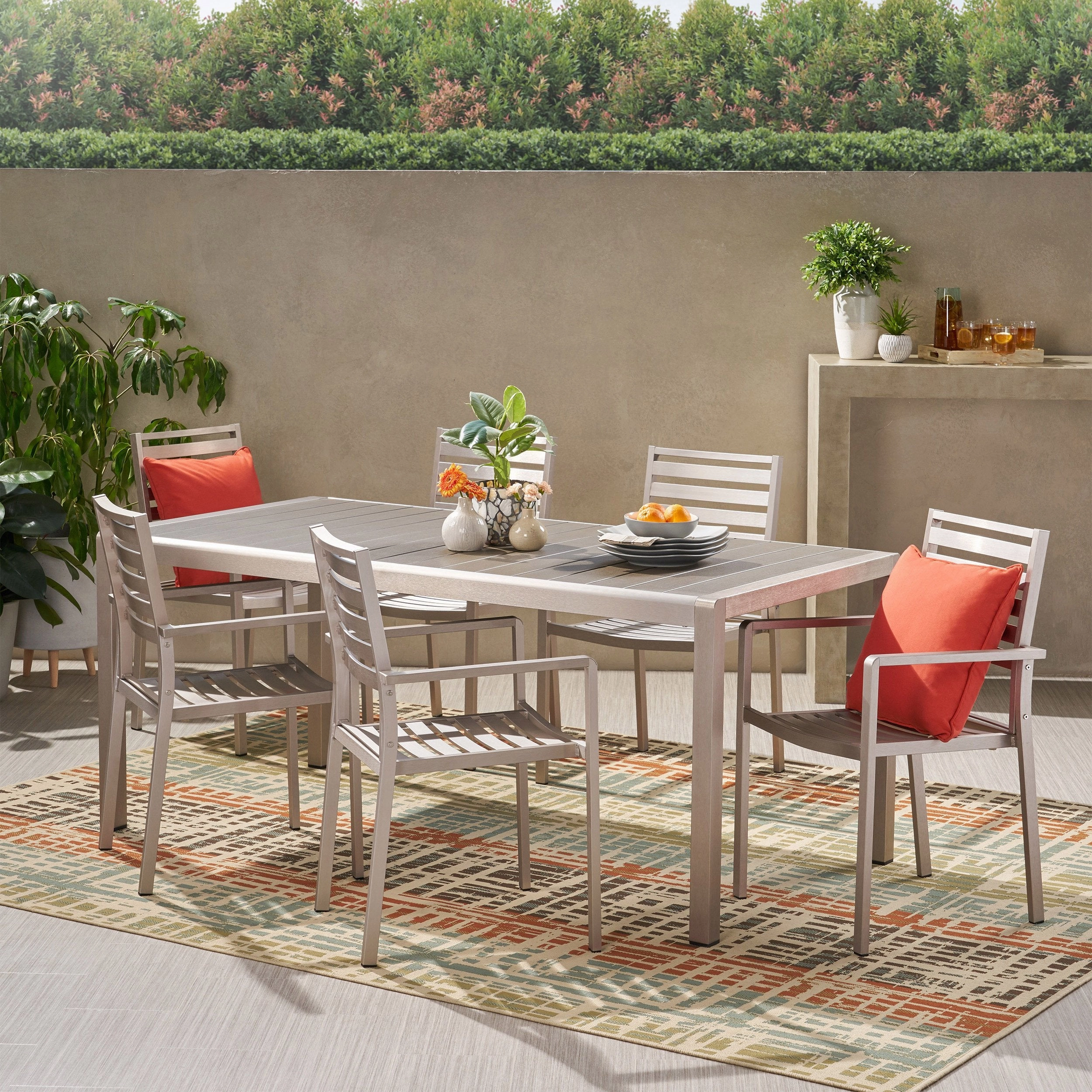 Outdoor Modern 6 Seater Aluminum Dining Set with Faux Wood Table Top - NH468013 outdoor lounge chair, patio sofa