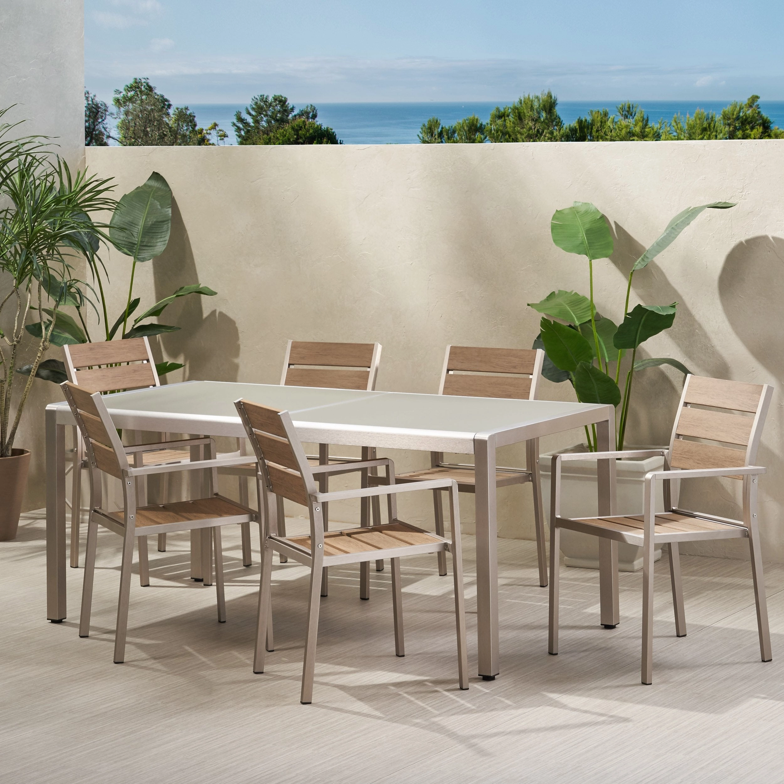Outdoor Modern 6 Seater Aluminum Dining Set with Tempered Glass Table Top - NH758013 outdoor lounge chair, patio sofa