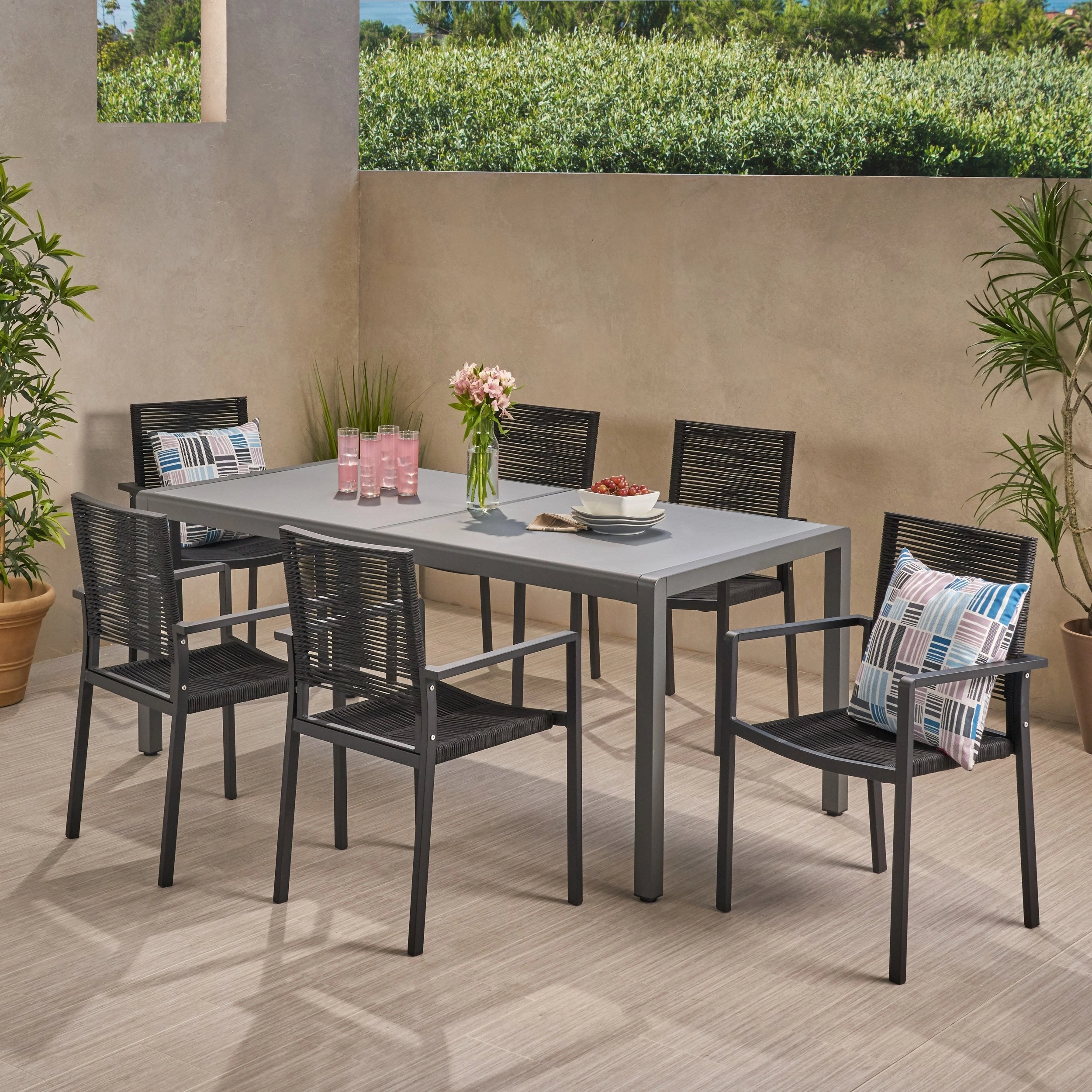 Outdoor Modern 6 Seater Aluminum Dining Set with Tempered Glass Table Top - NH938013