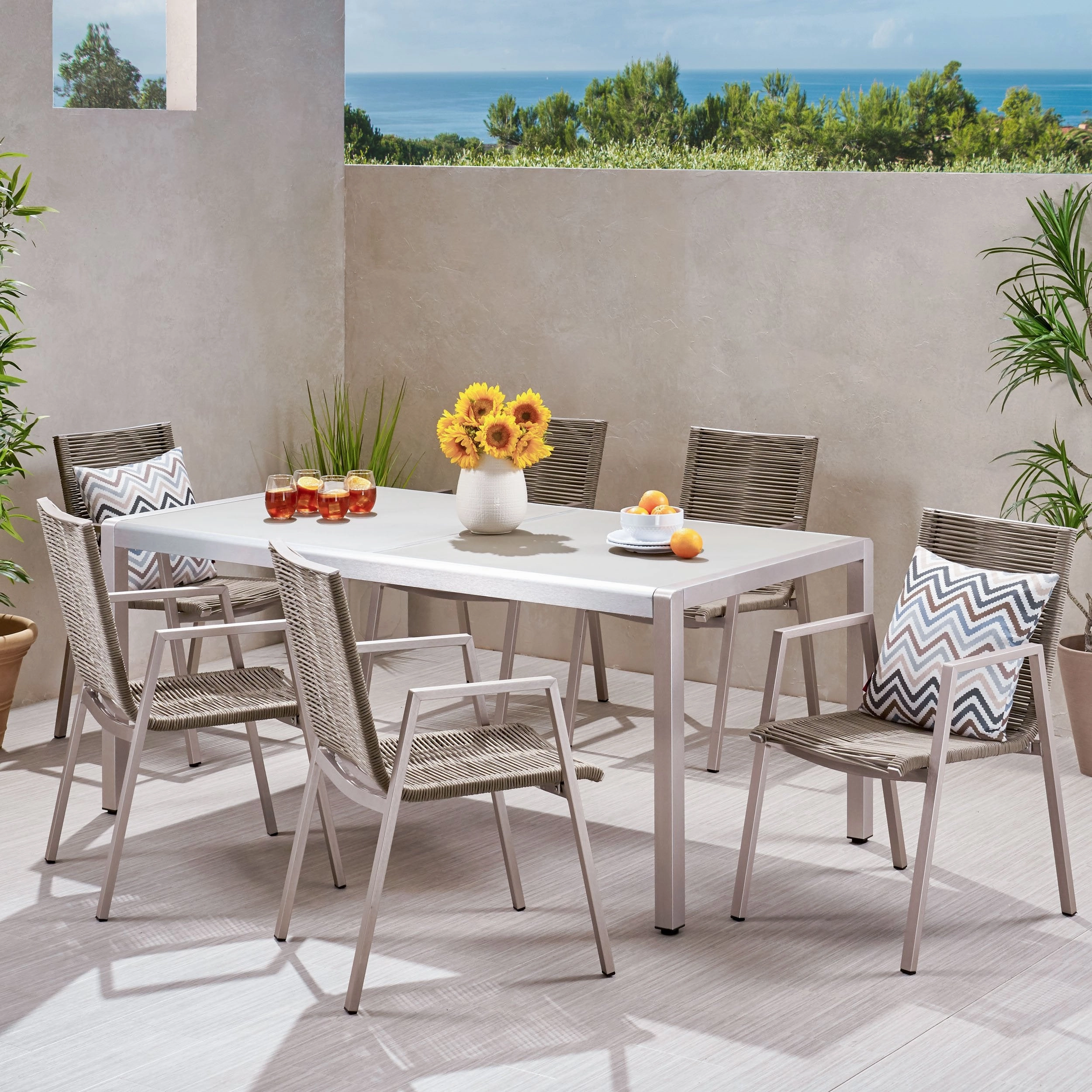 Outdoor Modern 6 Seater Aluminum Dining Set with Tempered Glass Top - NH158013 outdoor lounge chair, patio sofa