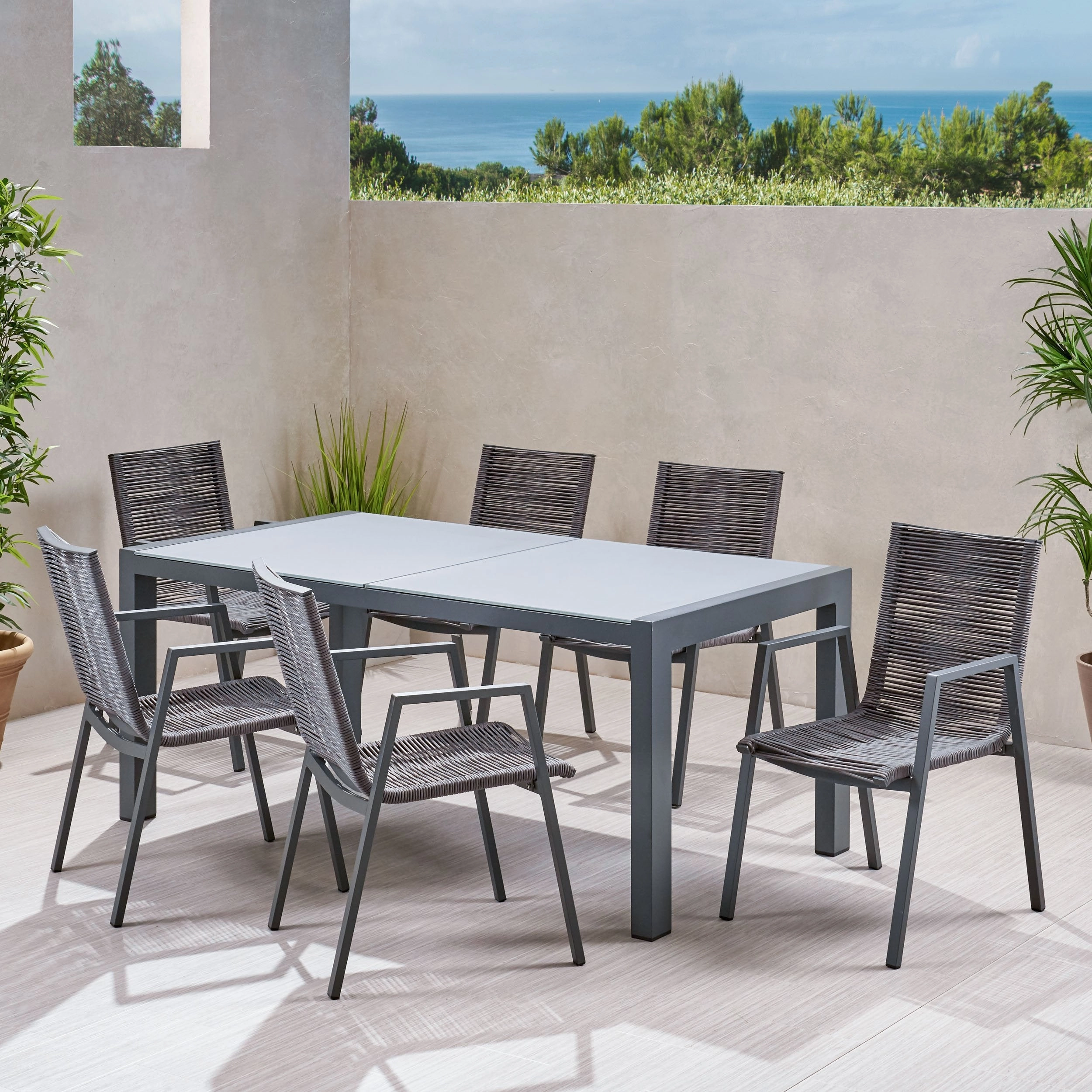 Outdoor Modern 6 Seater Aluminum Dining Set with Tempered Glass Top - NH258013 outdoor lounge chair, patio sofa