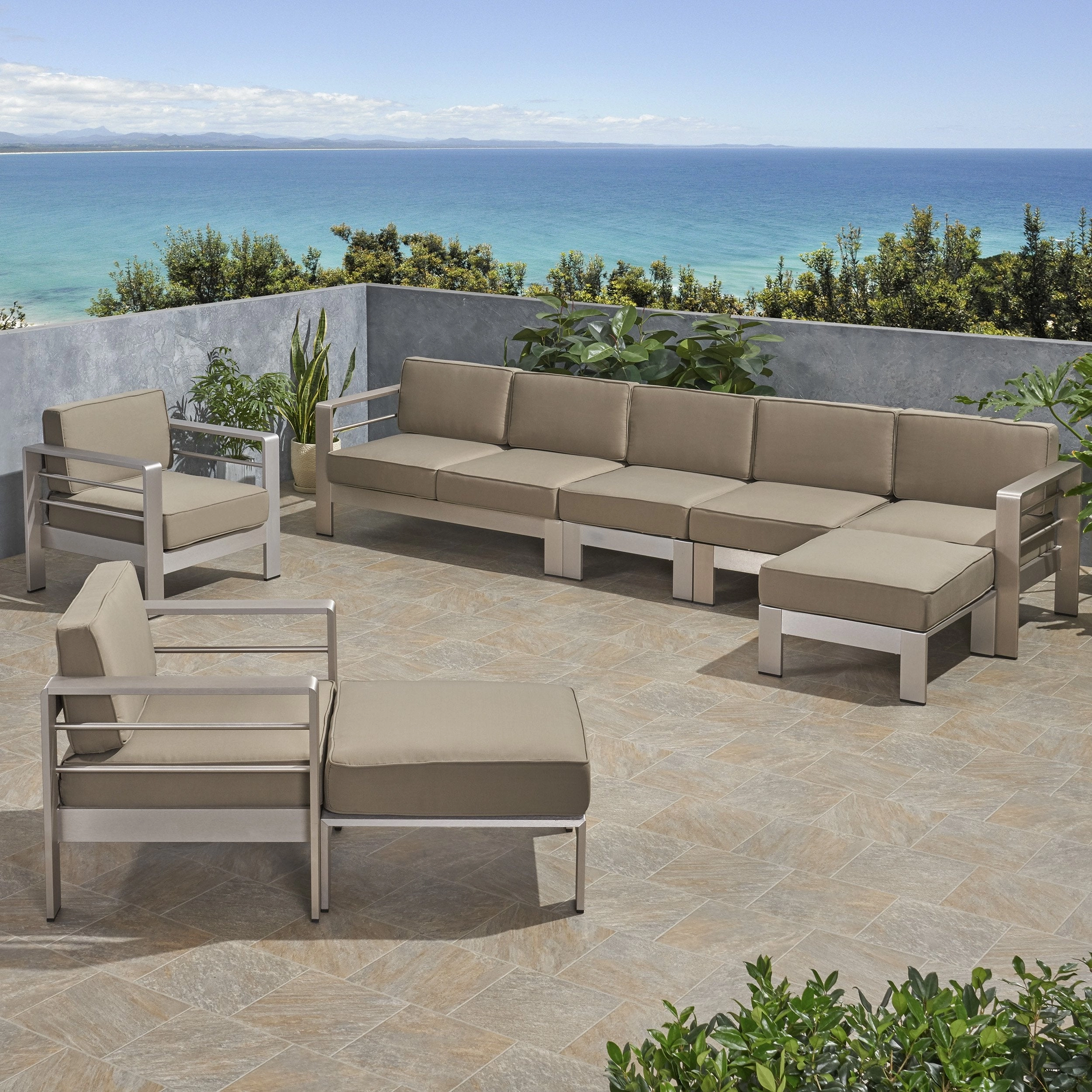 Outdoor Modern 7 Seater Aluminum Chat Set with Ottomans, Silver and Khaki - NH668903 outdoor furniture, garden bench