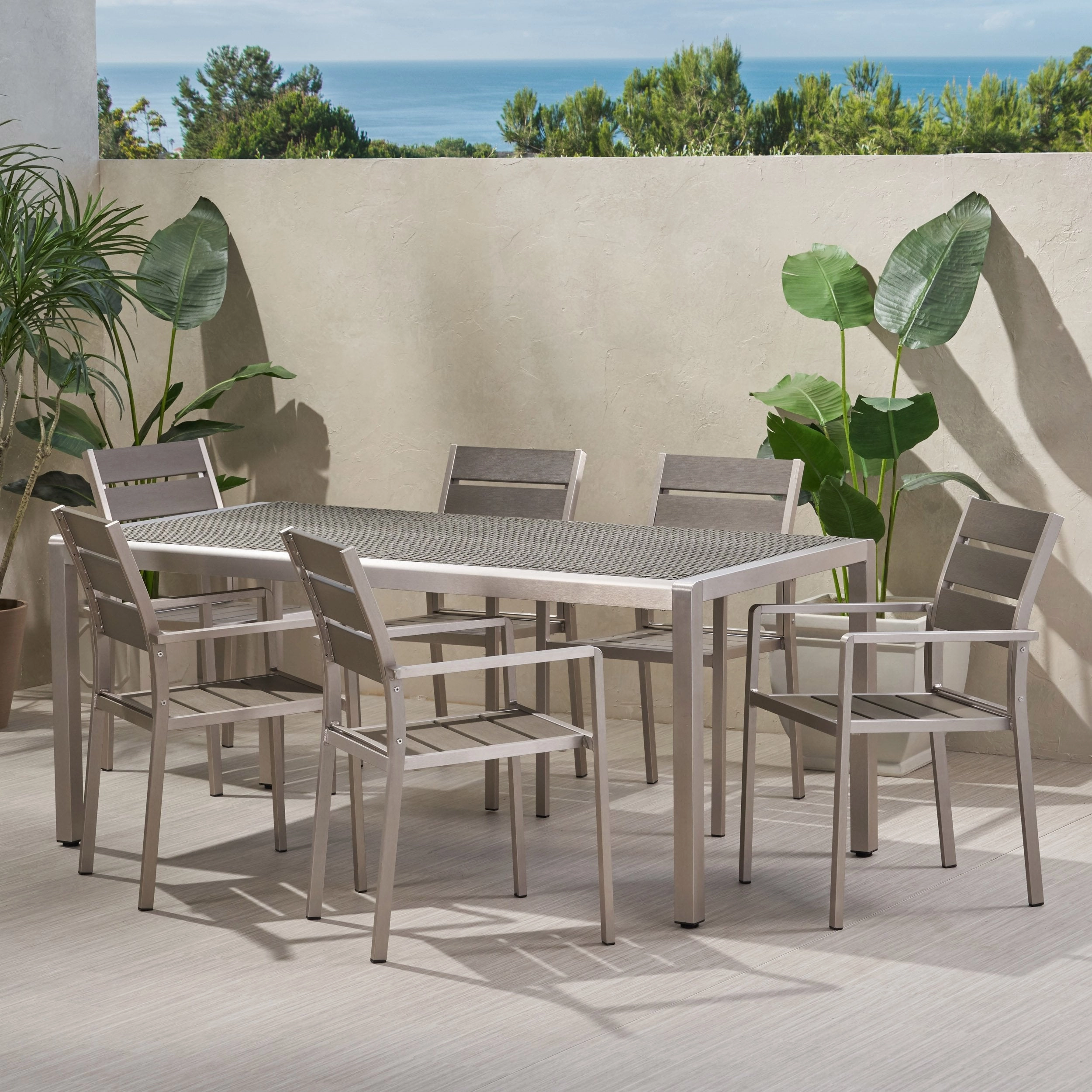 Outdoor Modern Aluminum 6 Seater Dining Set with Faux Wood Seats - NH959013