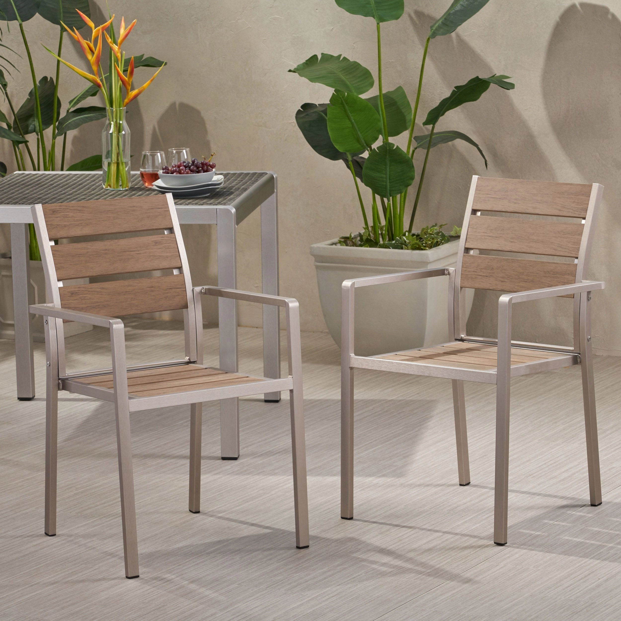 Outdoor Modern Aluminum Dining Chair with Faux Wood Seat (Set of 2) - NH759013 outdoor lounge chair, patio sofa