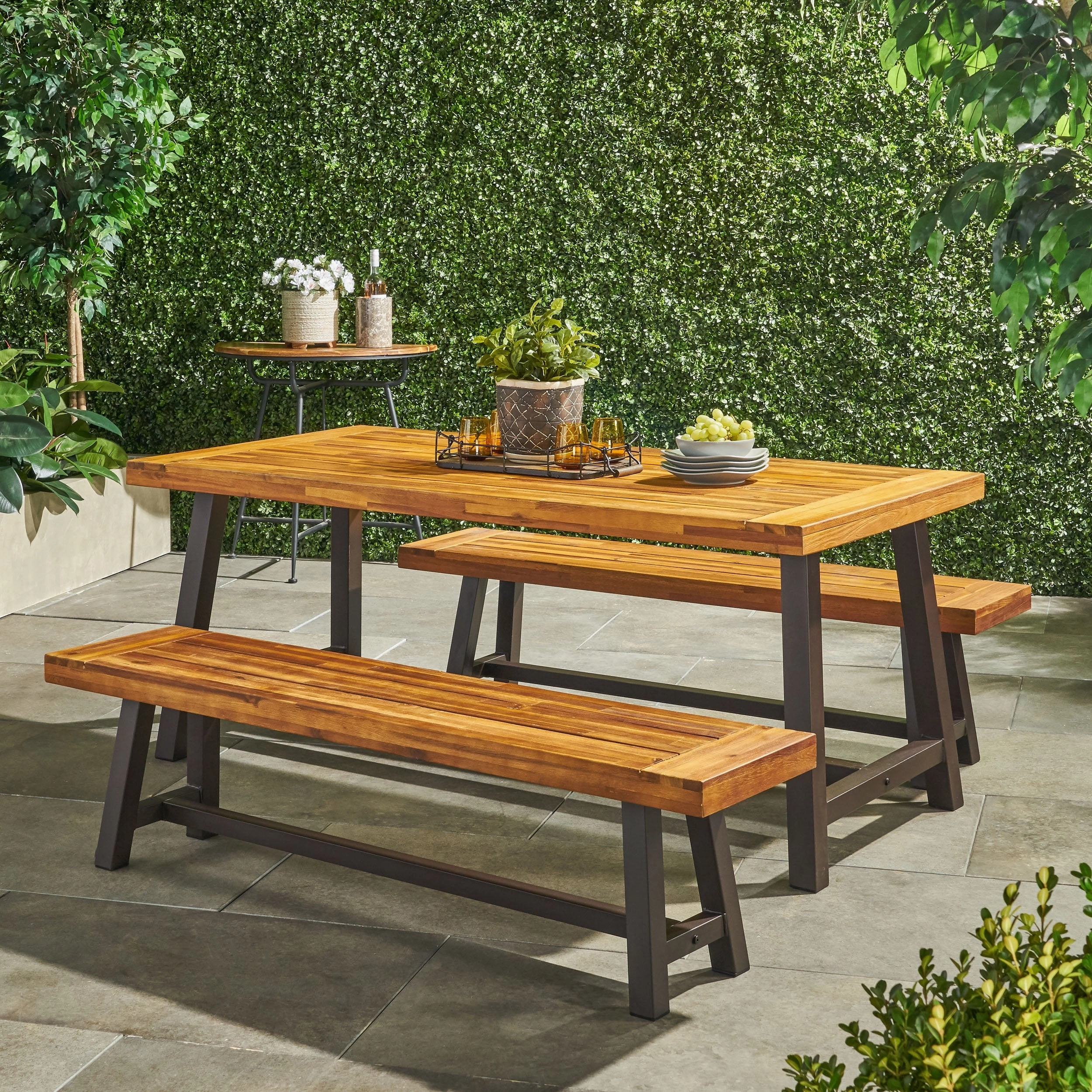 Outdoor Modern Industrial 3 Piece Acacia Wood Picnic Dining Set with Benches, Sandblasted Teak - NH304892 outdoor lounge chair, patio sofa