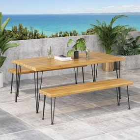 Outdoor Modern Industrial 3 Piece Acacia Wood Picnic Dining Set with Metal Hairpin Legs - NH977213 outdoor lounge chair, patio sofa